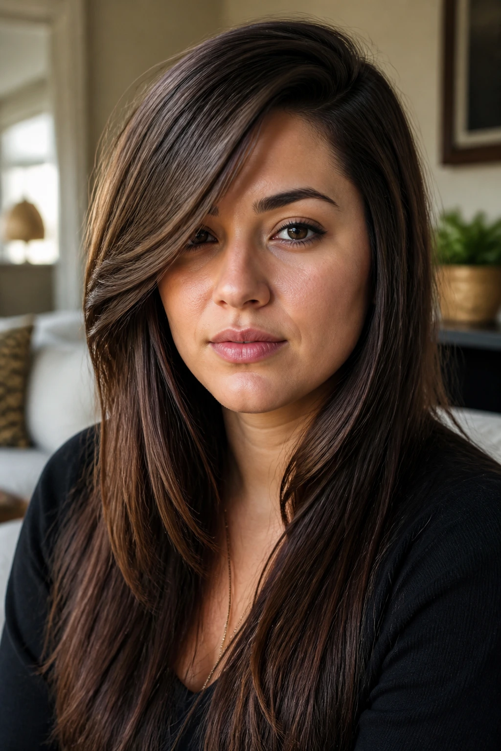 Close-up portrait of a real woman with a long cut, deep side part and sweeping fringe