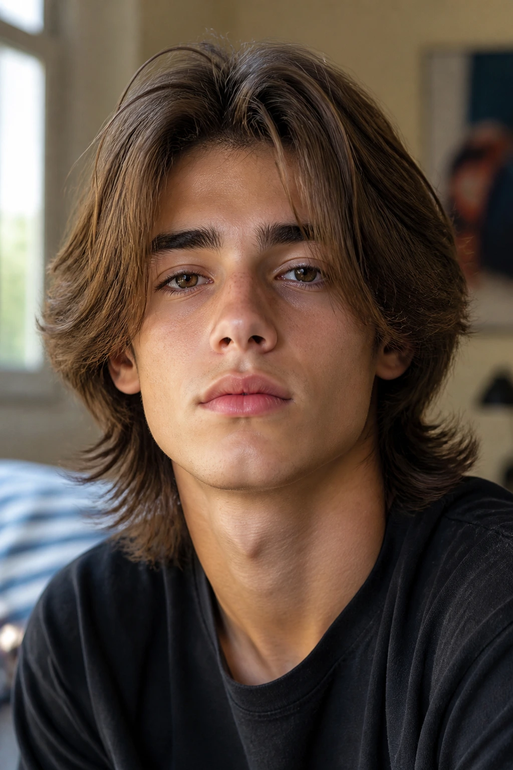 Close-up of a real boy with a long layered haircut showing a clear outer perimeter under natural window light.