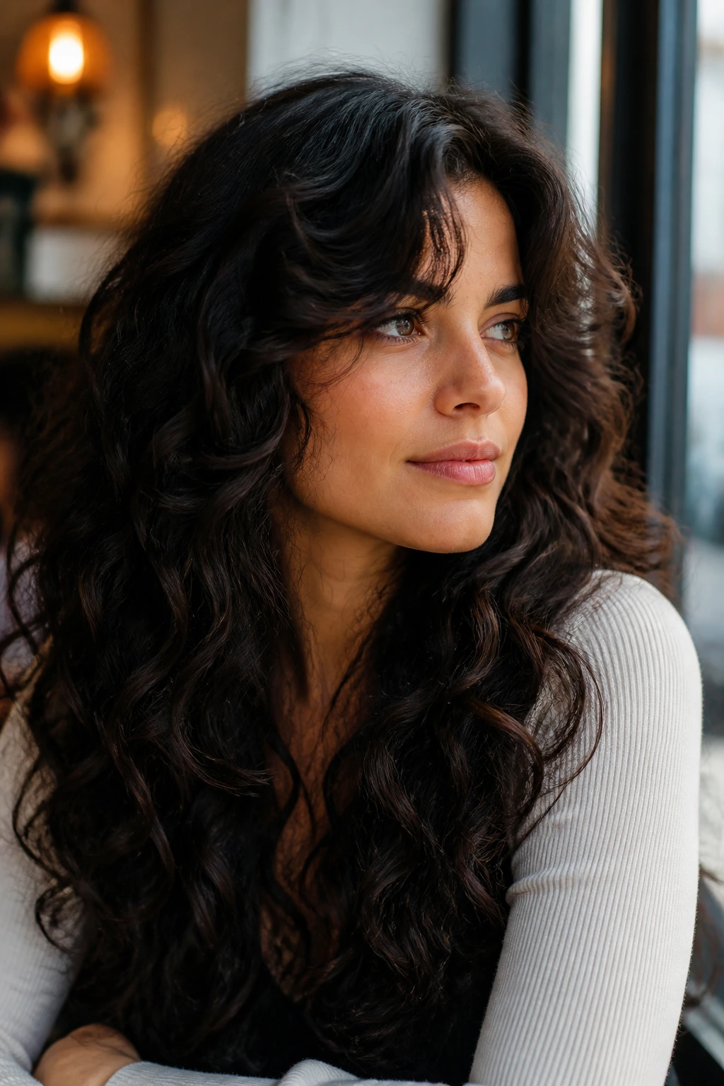 Real person with long dark curls and curtain bangs in a thoughtful pose.