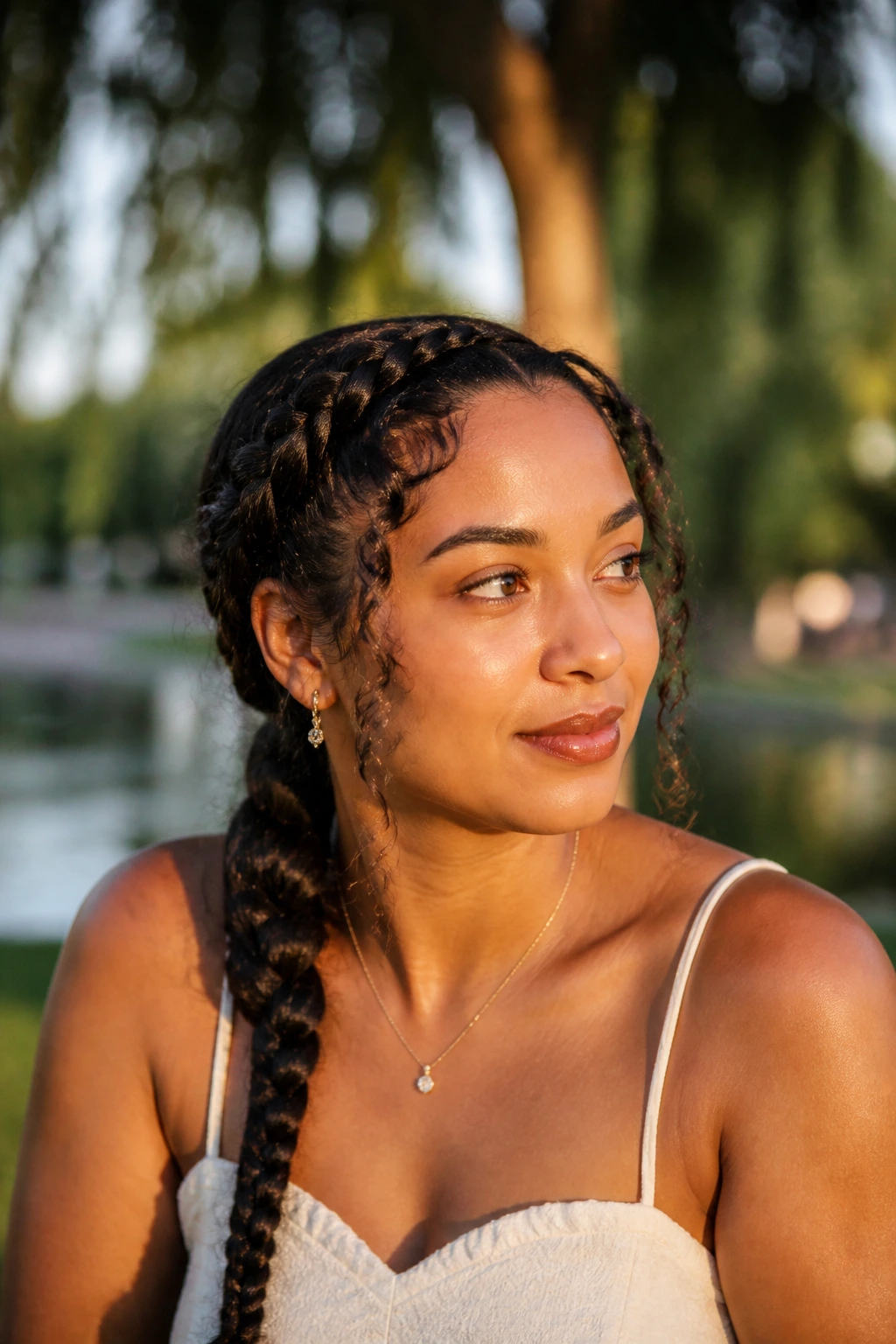 Close-up of a real woman with a long-lasting braid outdoors in afternoon sun