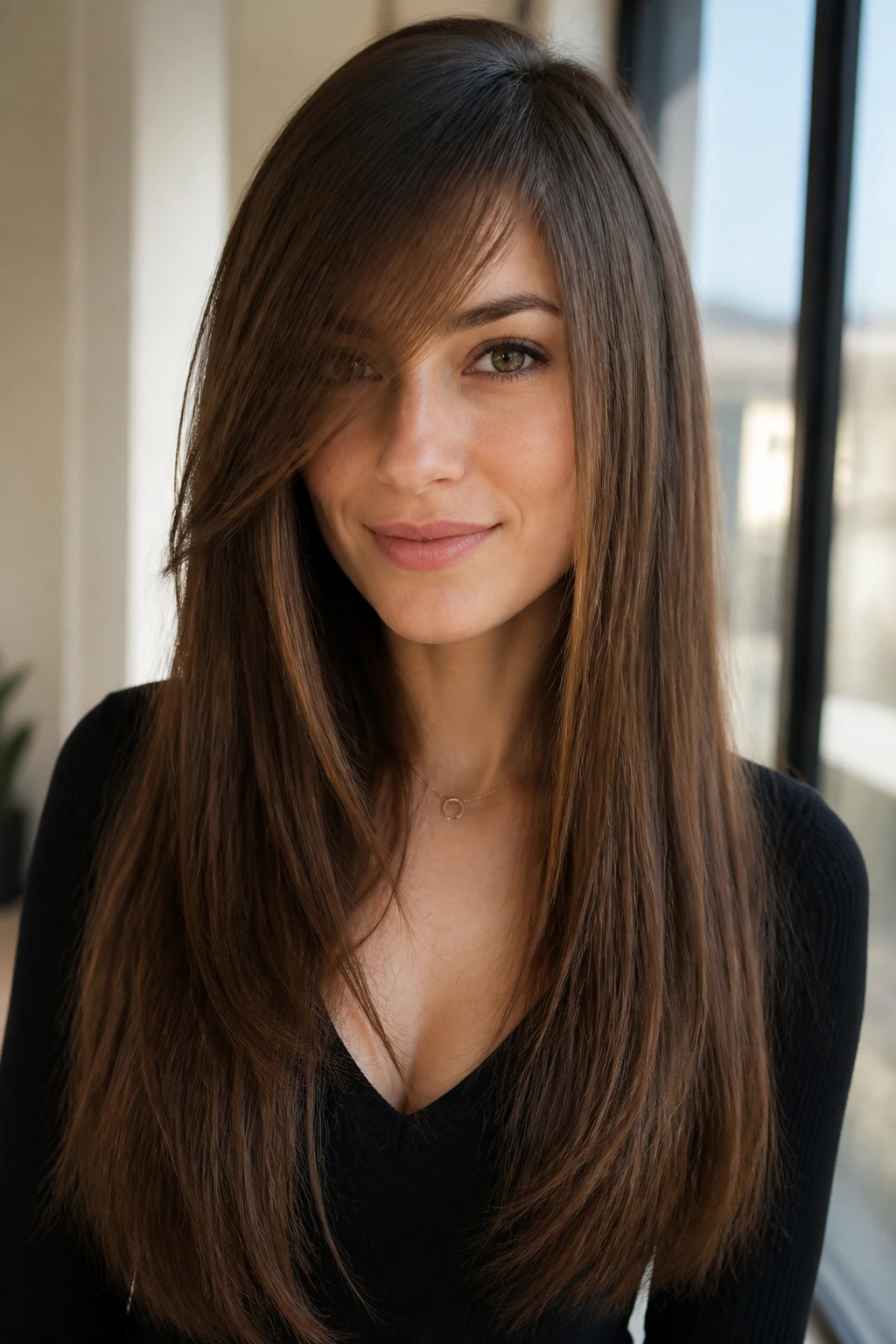 Portrait of a real woman with ultra-long straight hair and a long diagonal bang framed by soft daylight.
