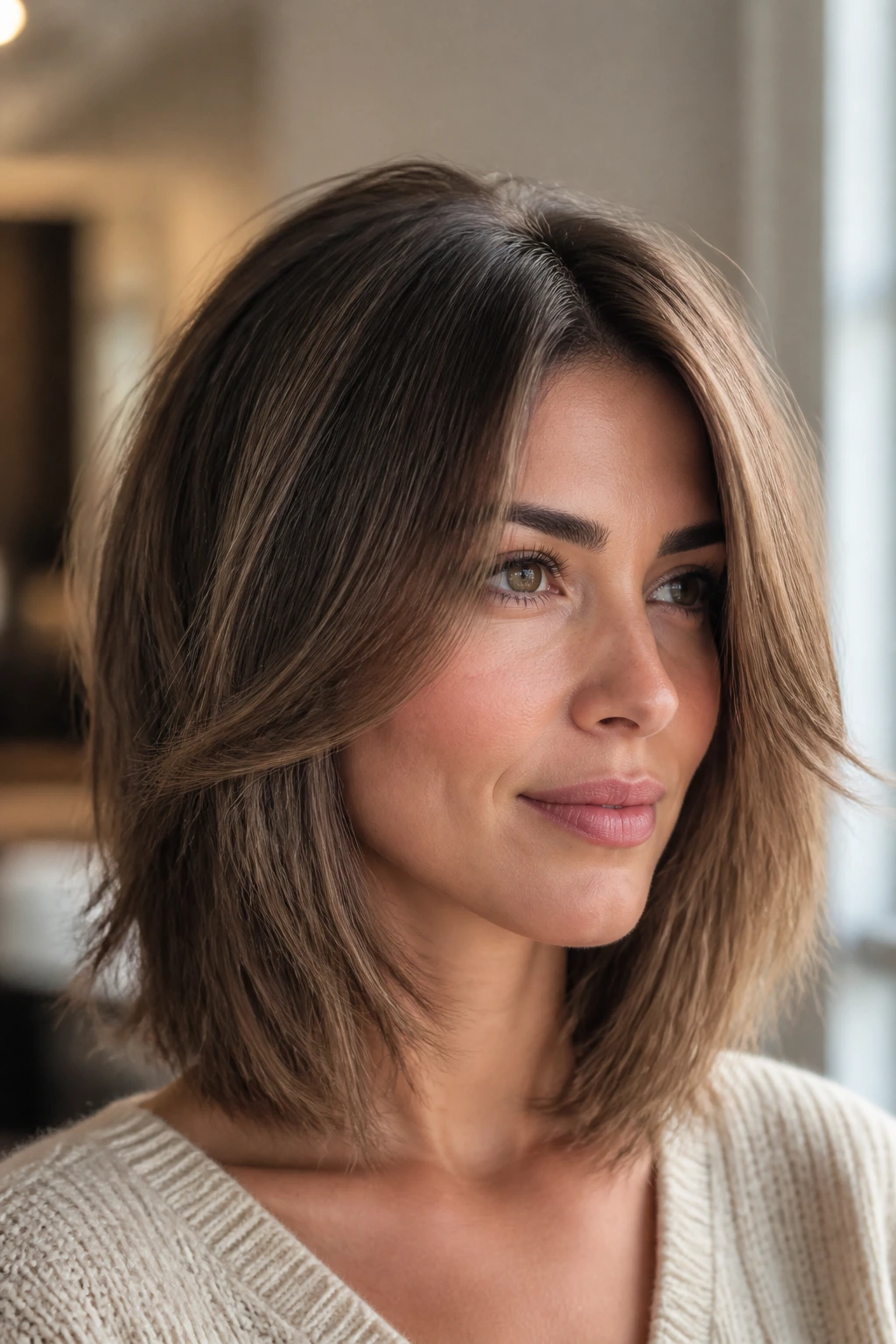 Portrait of a real woman with long-face balancing lob and fuller sides.