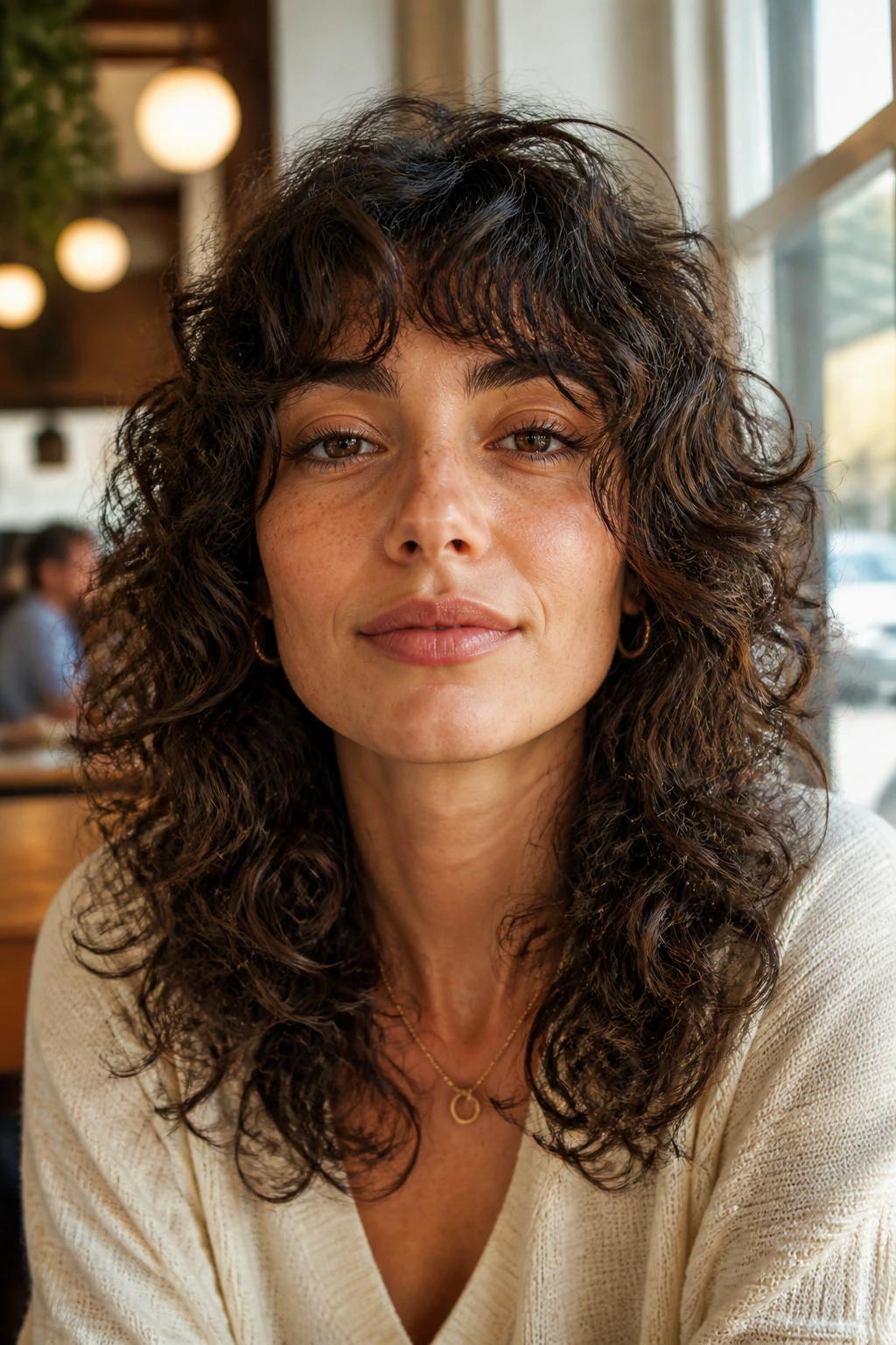 Portrait of a real woman with long-face shape and curls widening the sides.