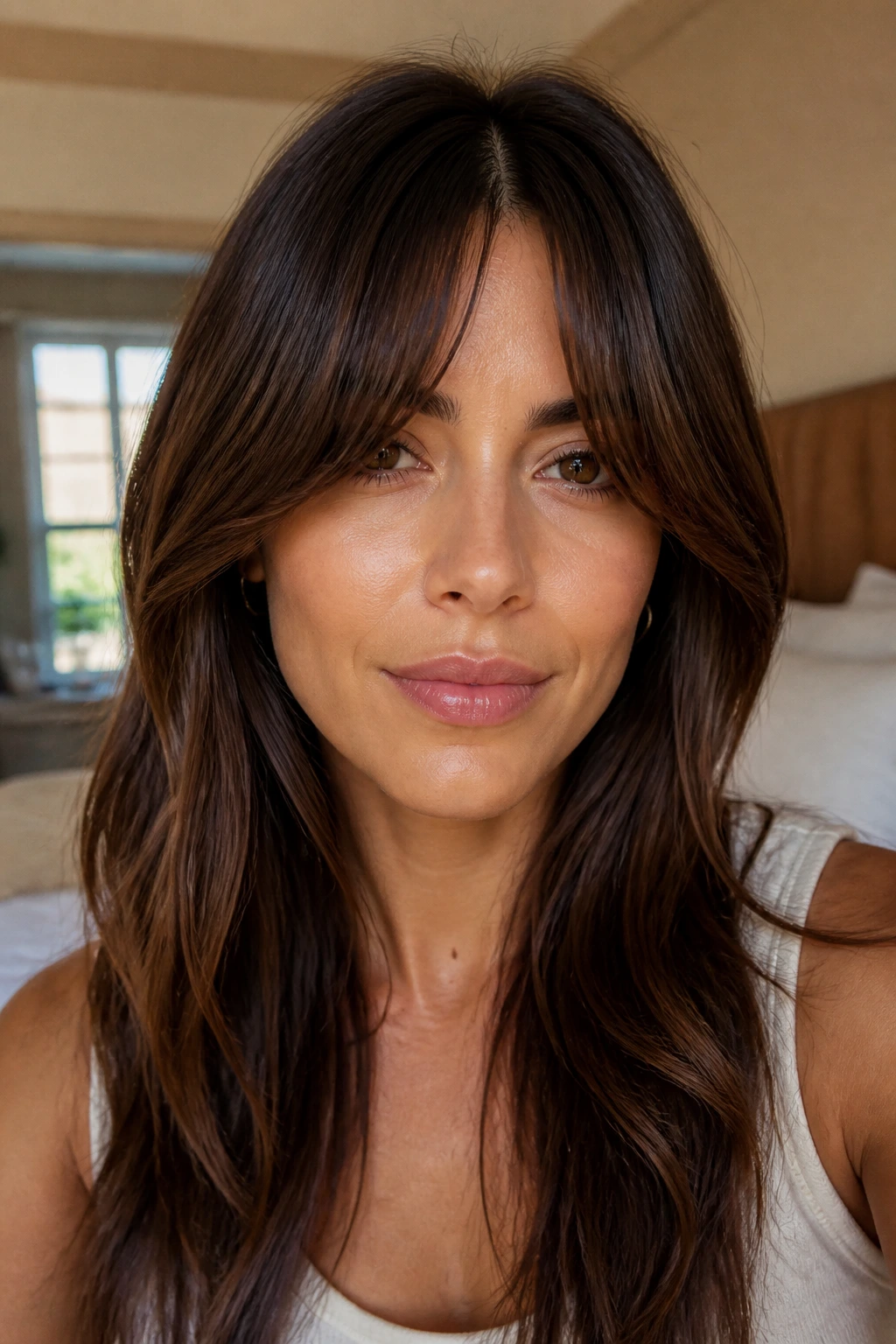 Close-up portrait showing cheekbone-focused curtain fringe for long faces