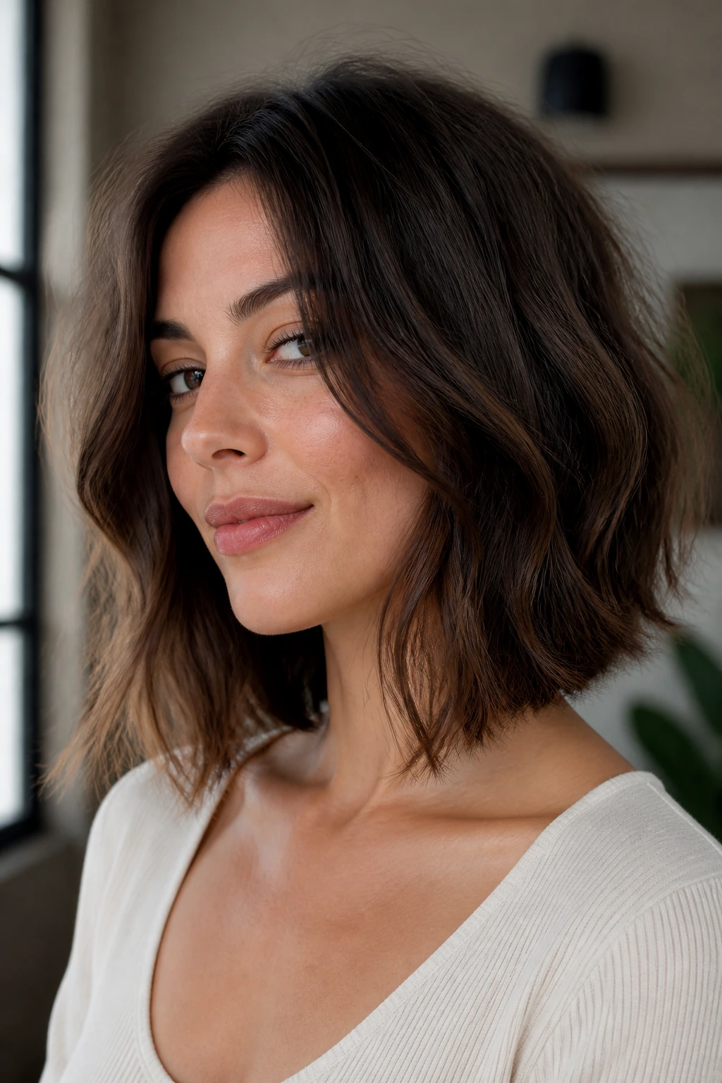 Portrait of a real woman with long face-frame lob highlighting cheek and jaw contour.