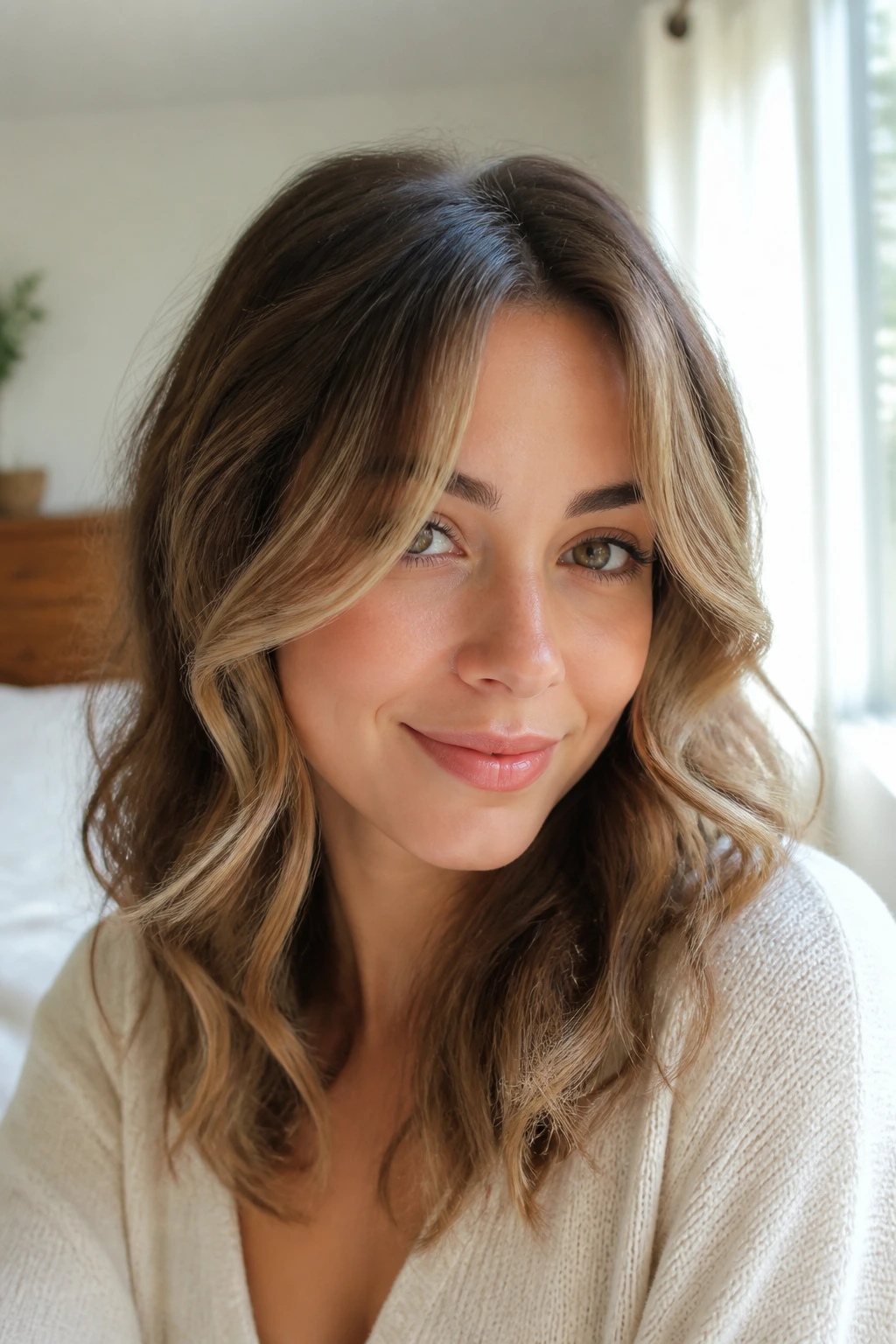 Close-up of a real woman sporting cheekbone-length face-framing bangs in a bright bedroom