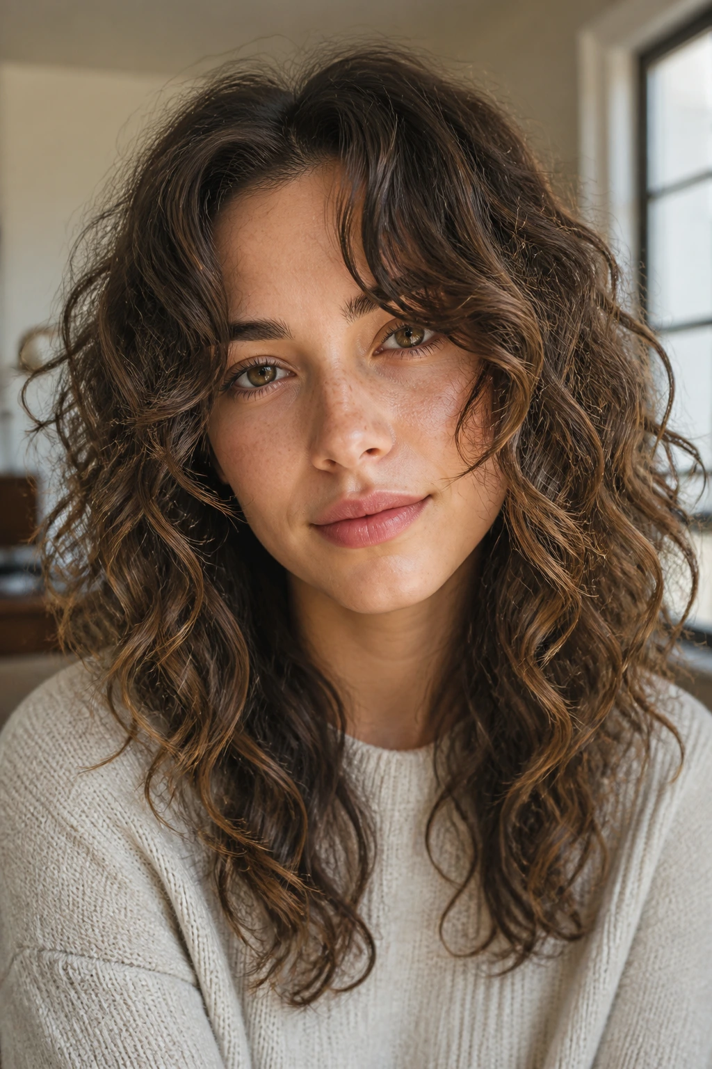 Close-up portrait of a real woman with long face-framing bangs and curls