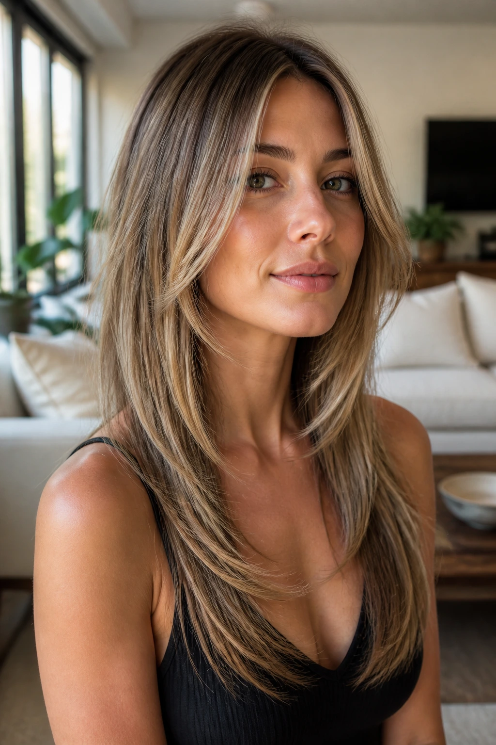 Close-up of a woman with long face-framing cut featuring cheekbone-front pieces.