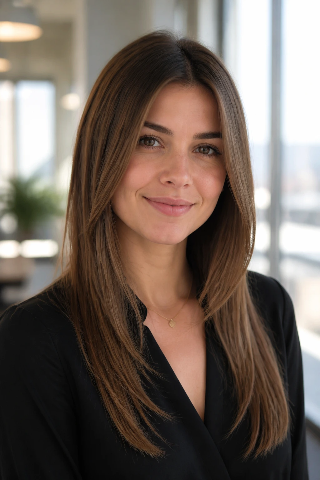 Head-and-shoulders portrait of a real woman with long face-framing layers