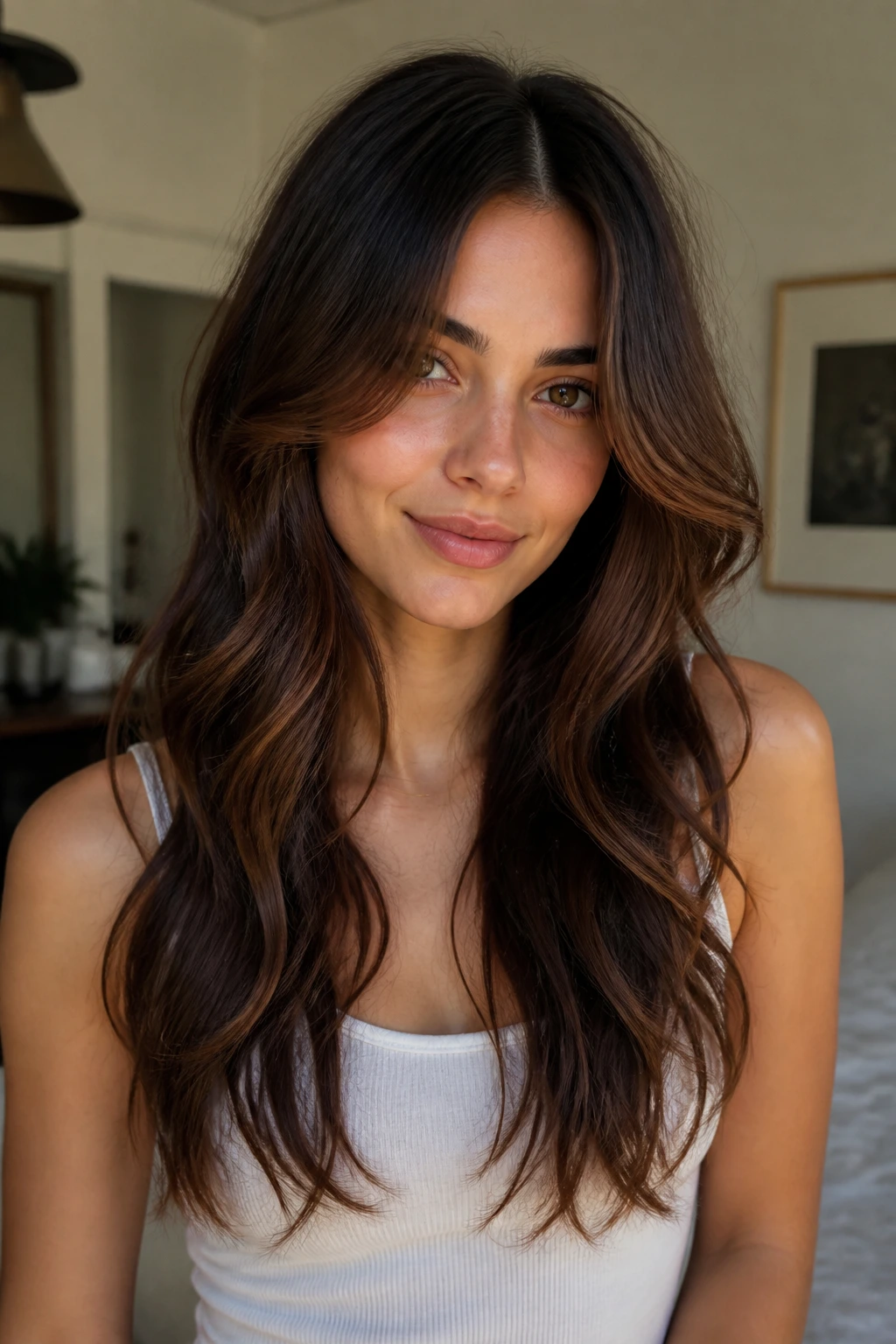 Portrait of woman with long face-framing layers blending at the front