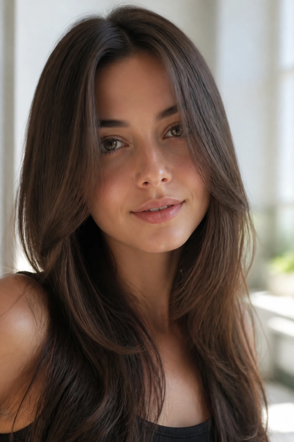 Close-up of a real woman with long face-hugging bangs in a minimalist room