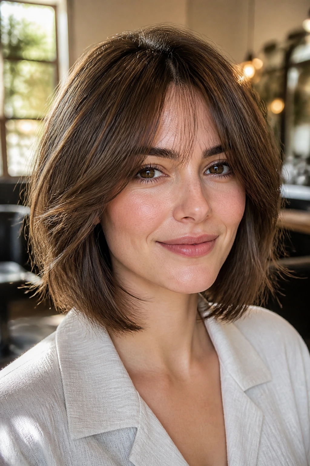 Close-up portrait of a real woman with a layered bob framing cheeks.