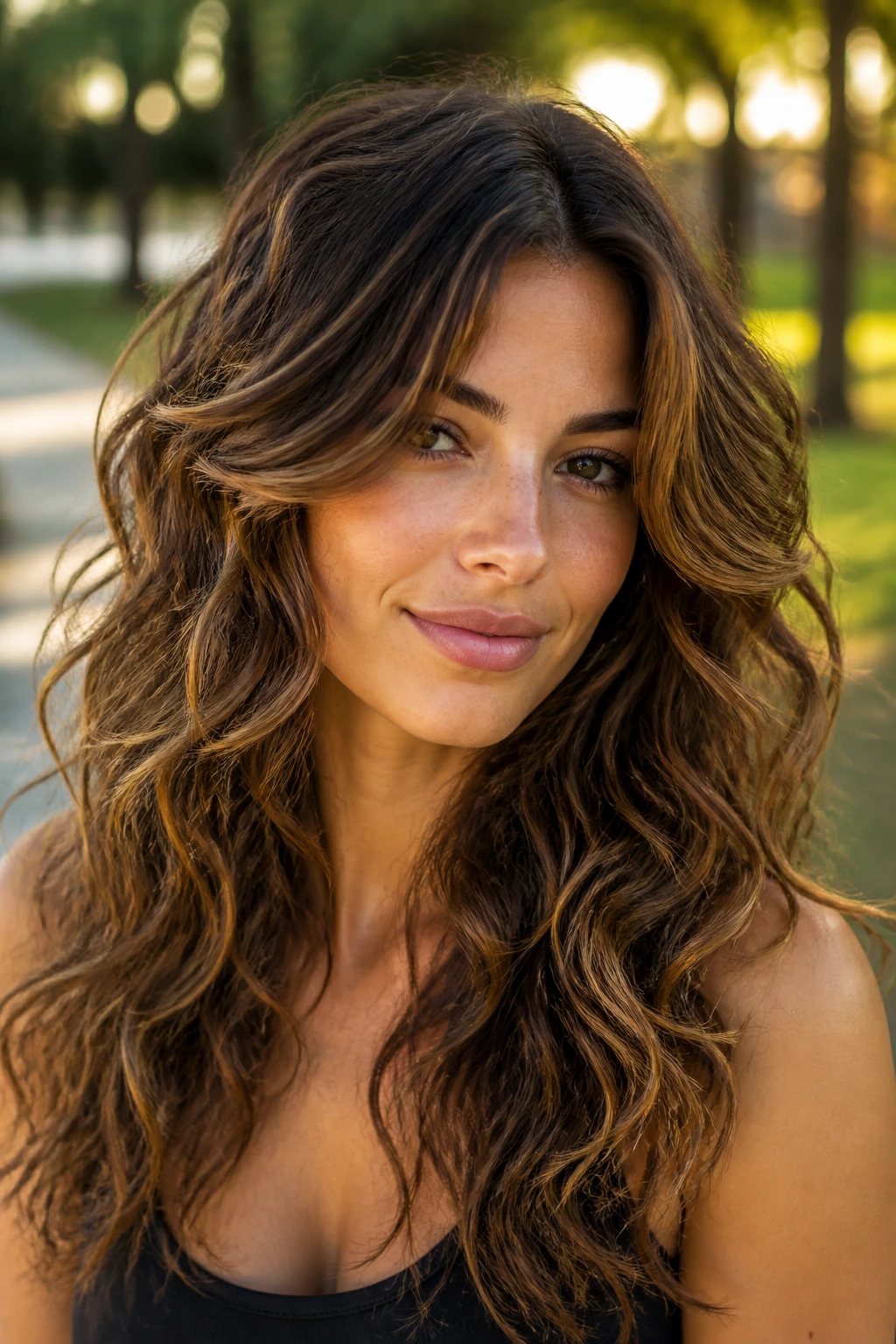 Portrait of a woman with long face-framing layers in golden hour light