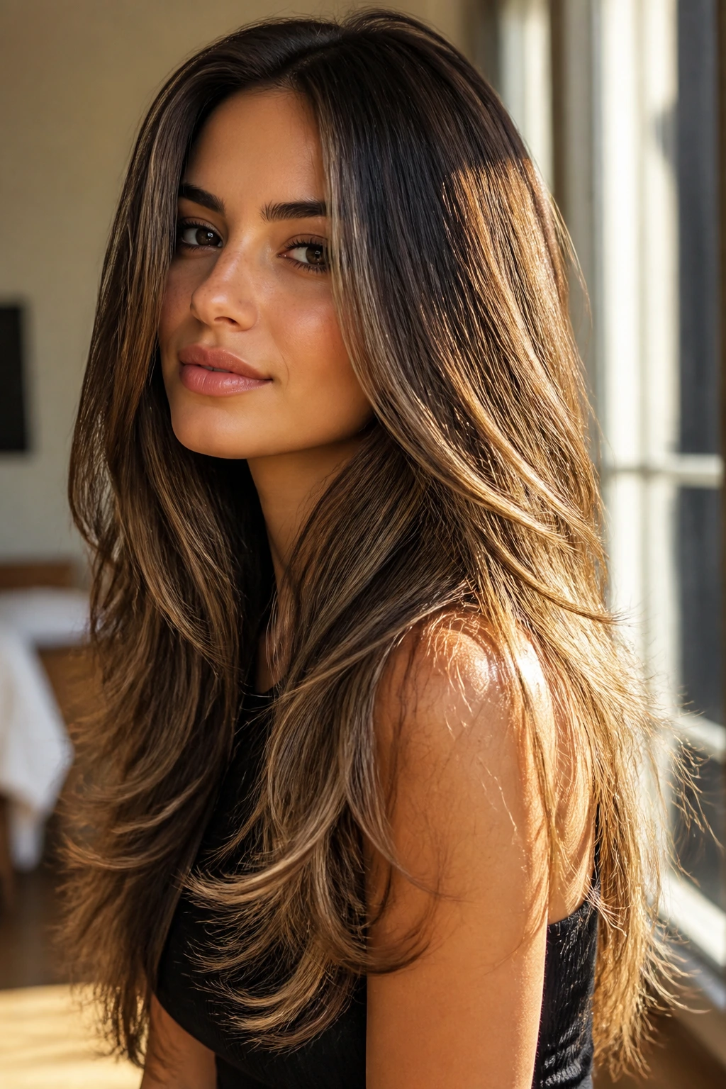 Close-up of long feathered layers with caramel ribbons on a real woman