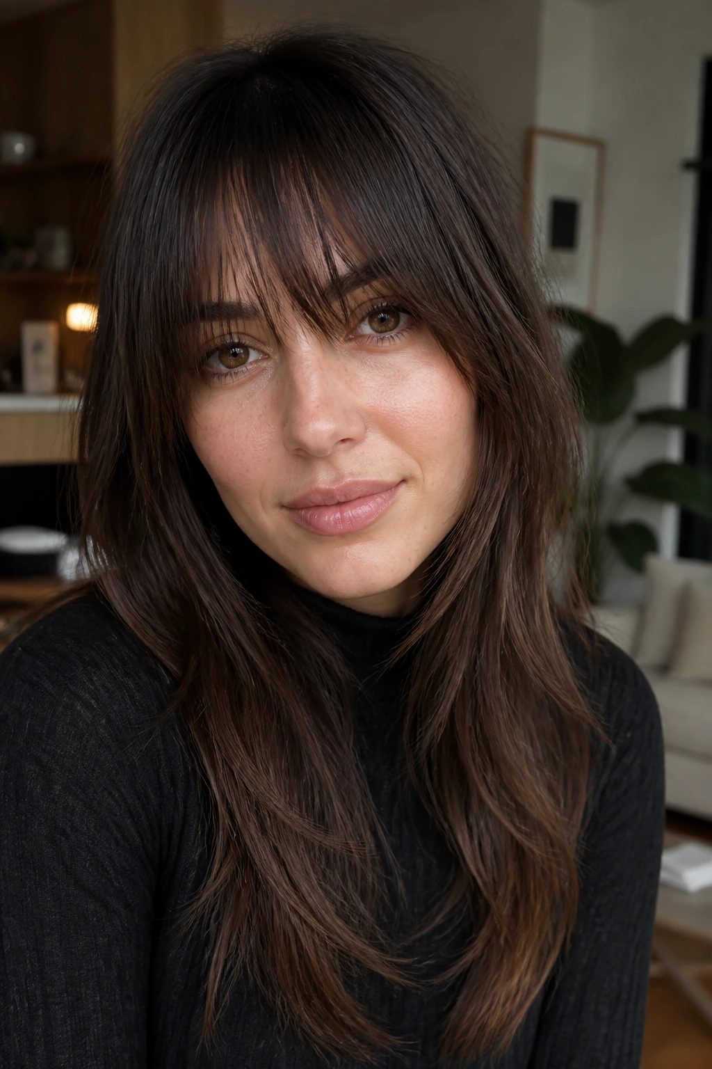 Real woman showing long French fringe with textured edge.