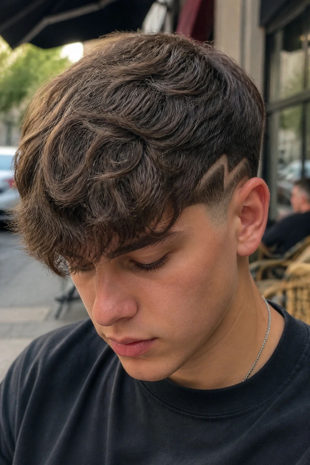 Boy with long fringe and a floating bolt in waves