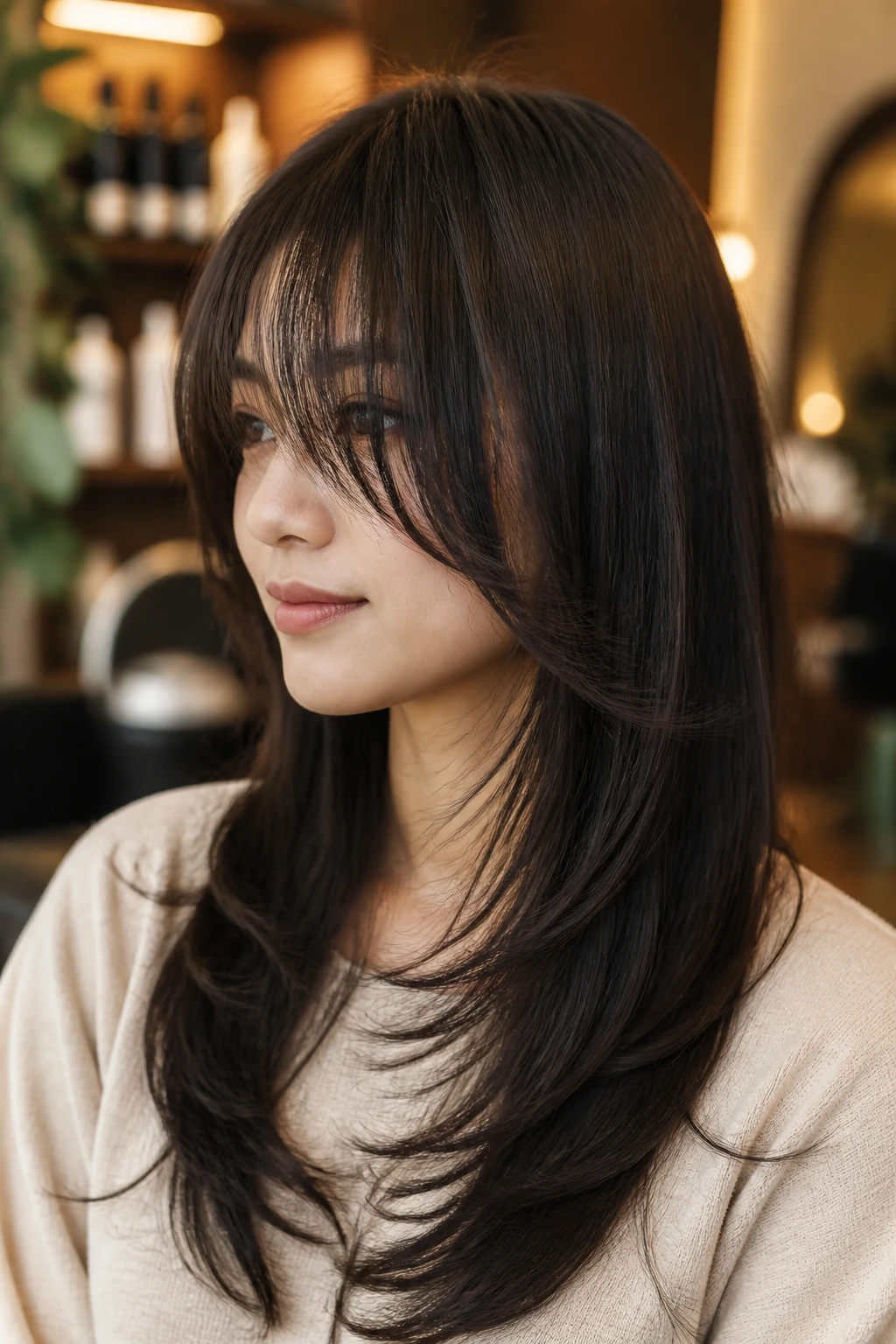 Close-up of a real woman with a long fringe and hidden underlayers framing the face