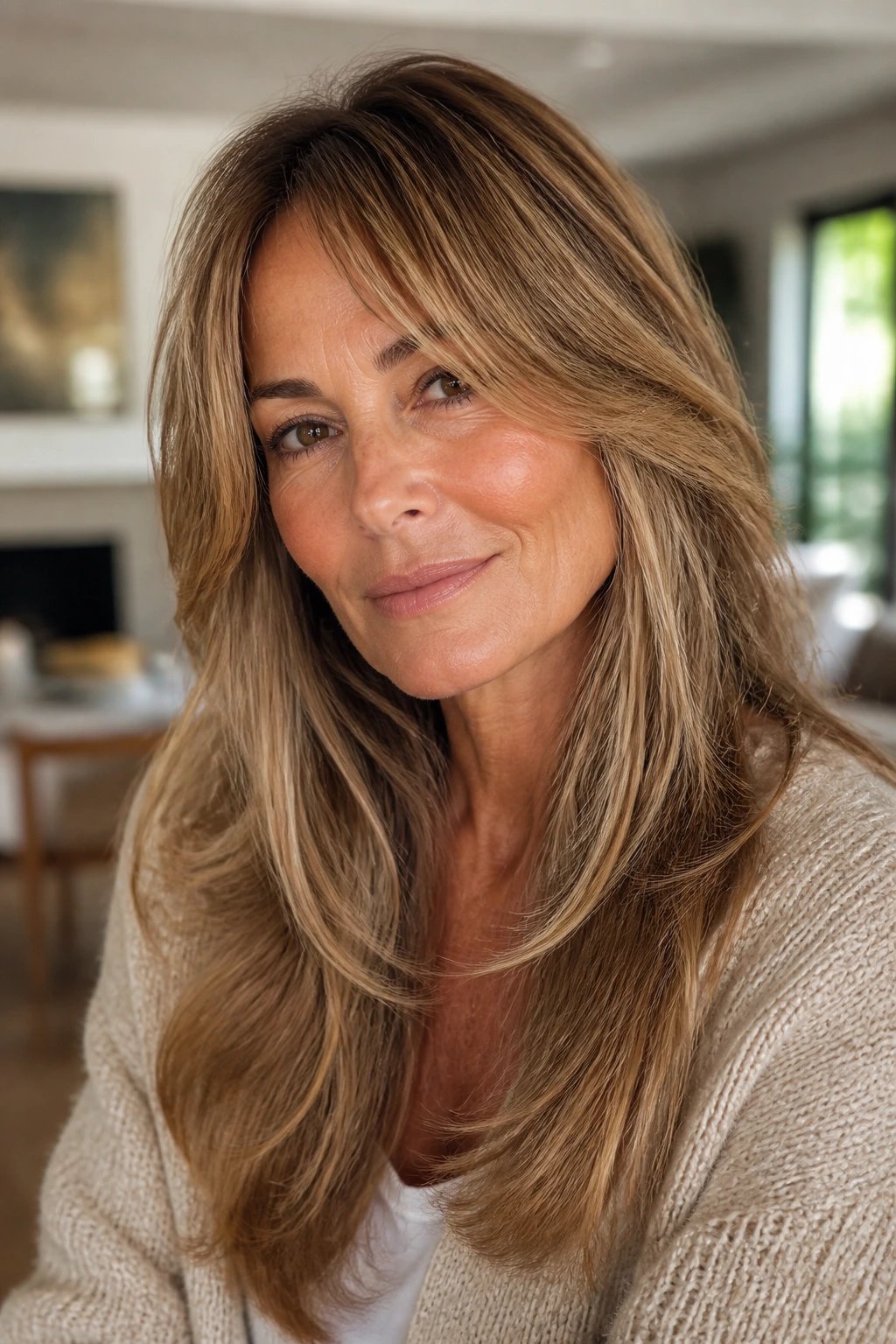 Portrait of a real woman with long fringe layers sweeping to the sides