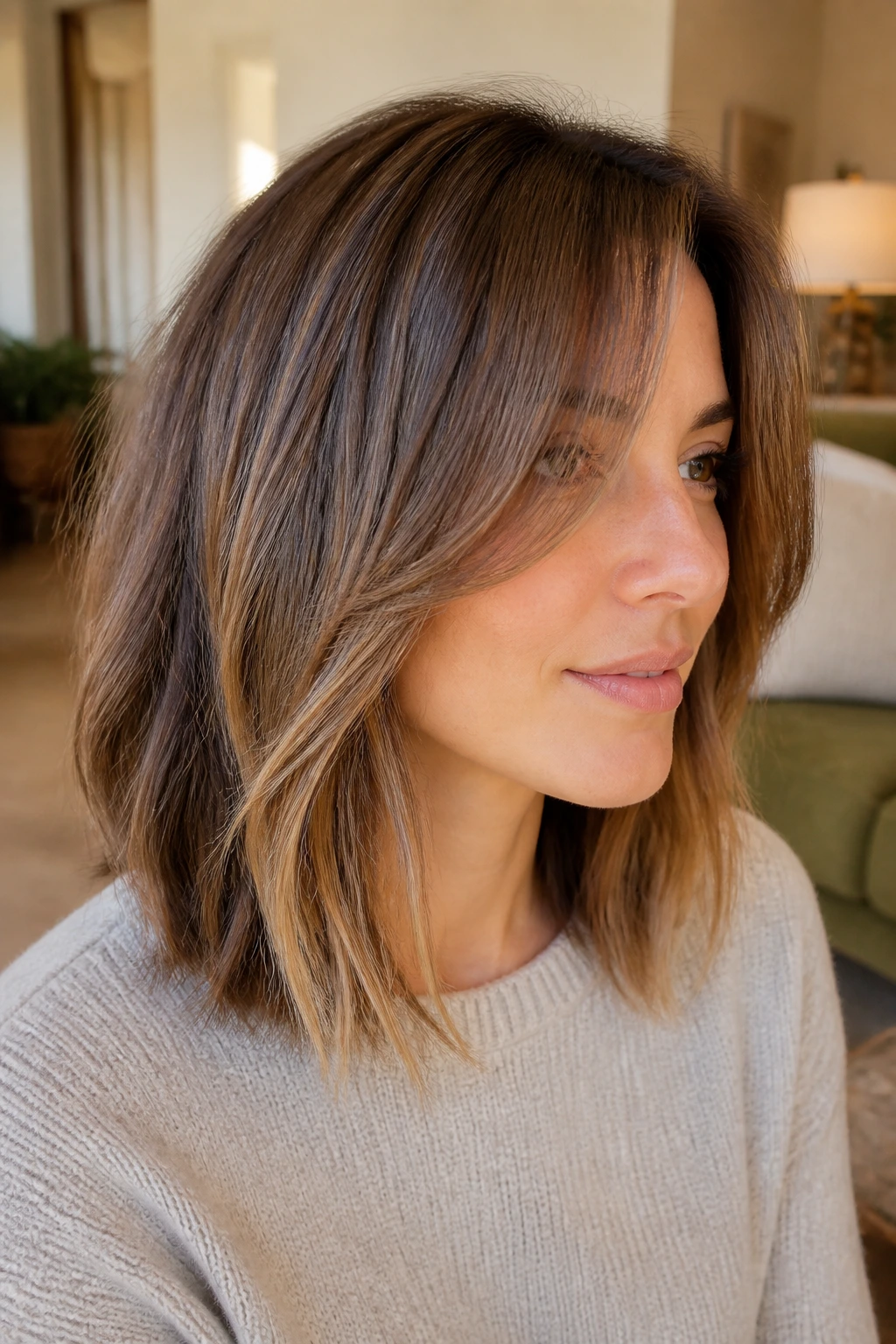 Close-up of a real person wearing a long fringe lob that frames the face.
