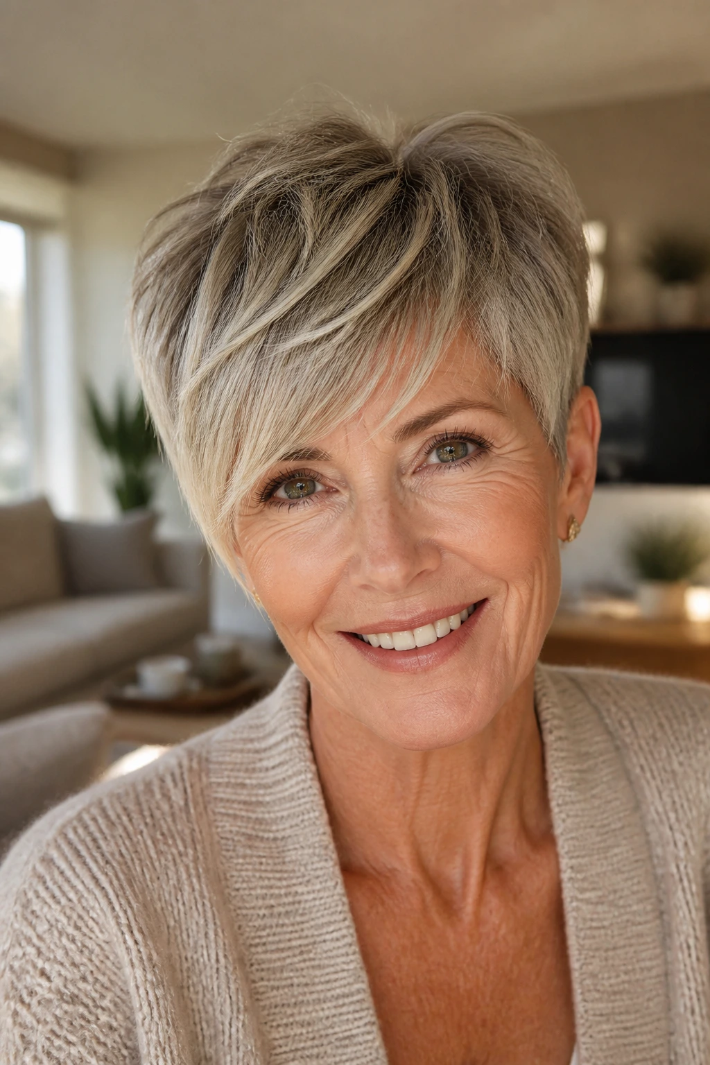 Close-up of a real woman with a long fringe pixie hairstyle, fringe above brows
