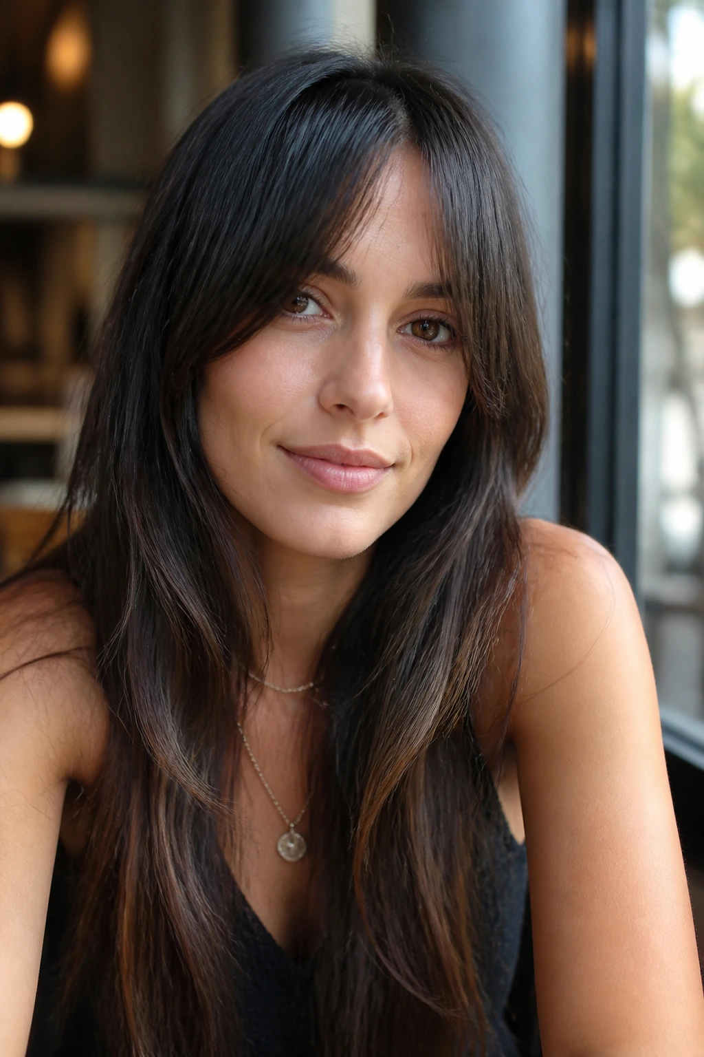 Close-up of a real woman with long fringe ending above the cheekbones