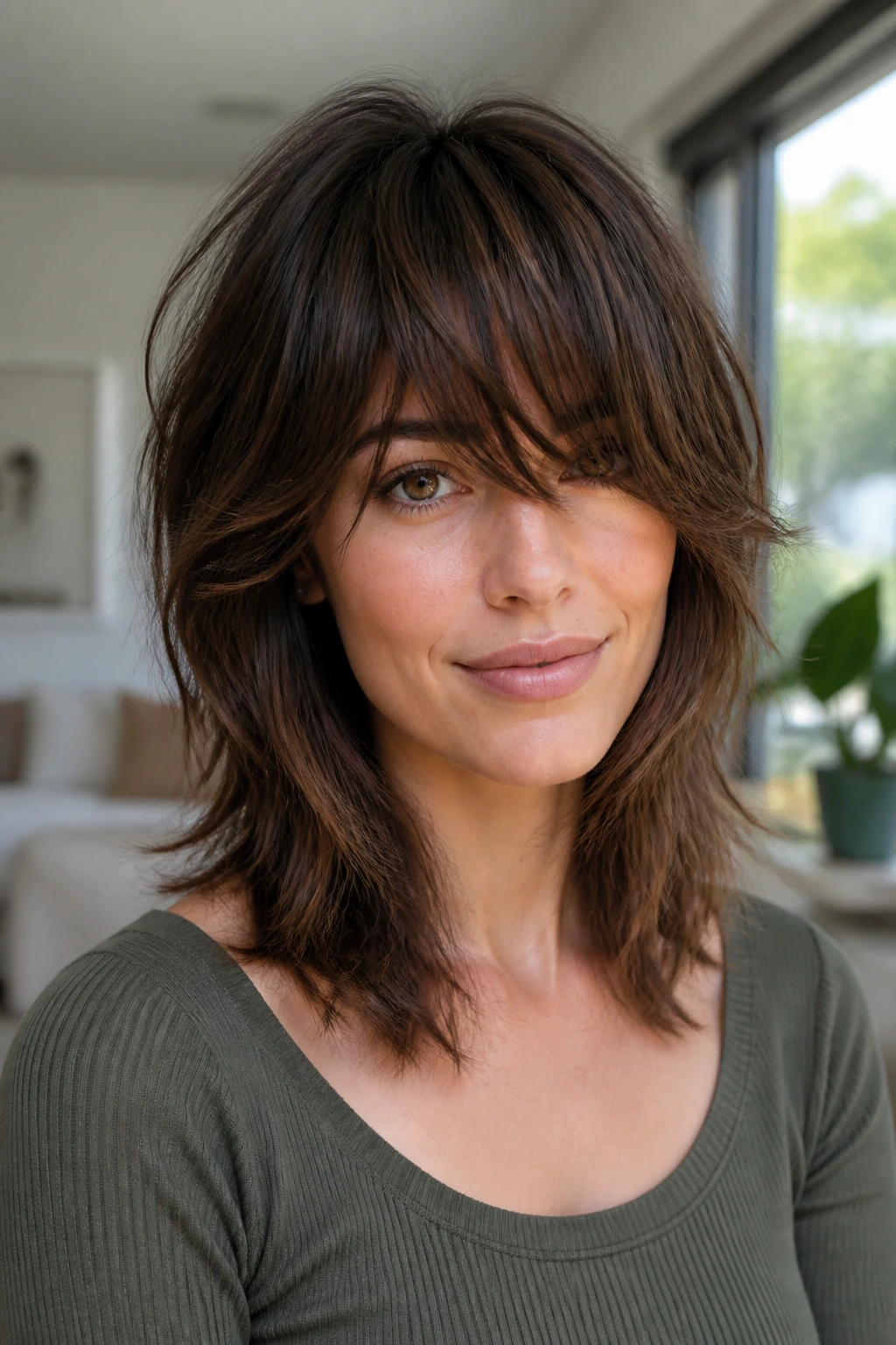 Close-up of woman with long fringe shag
