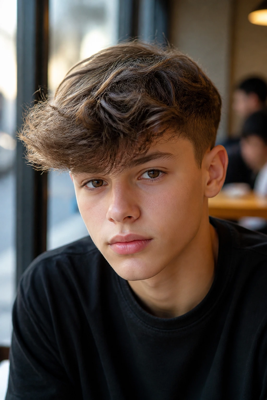 Real boy with long fringe and short sides in a cafe window light