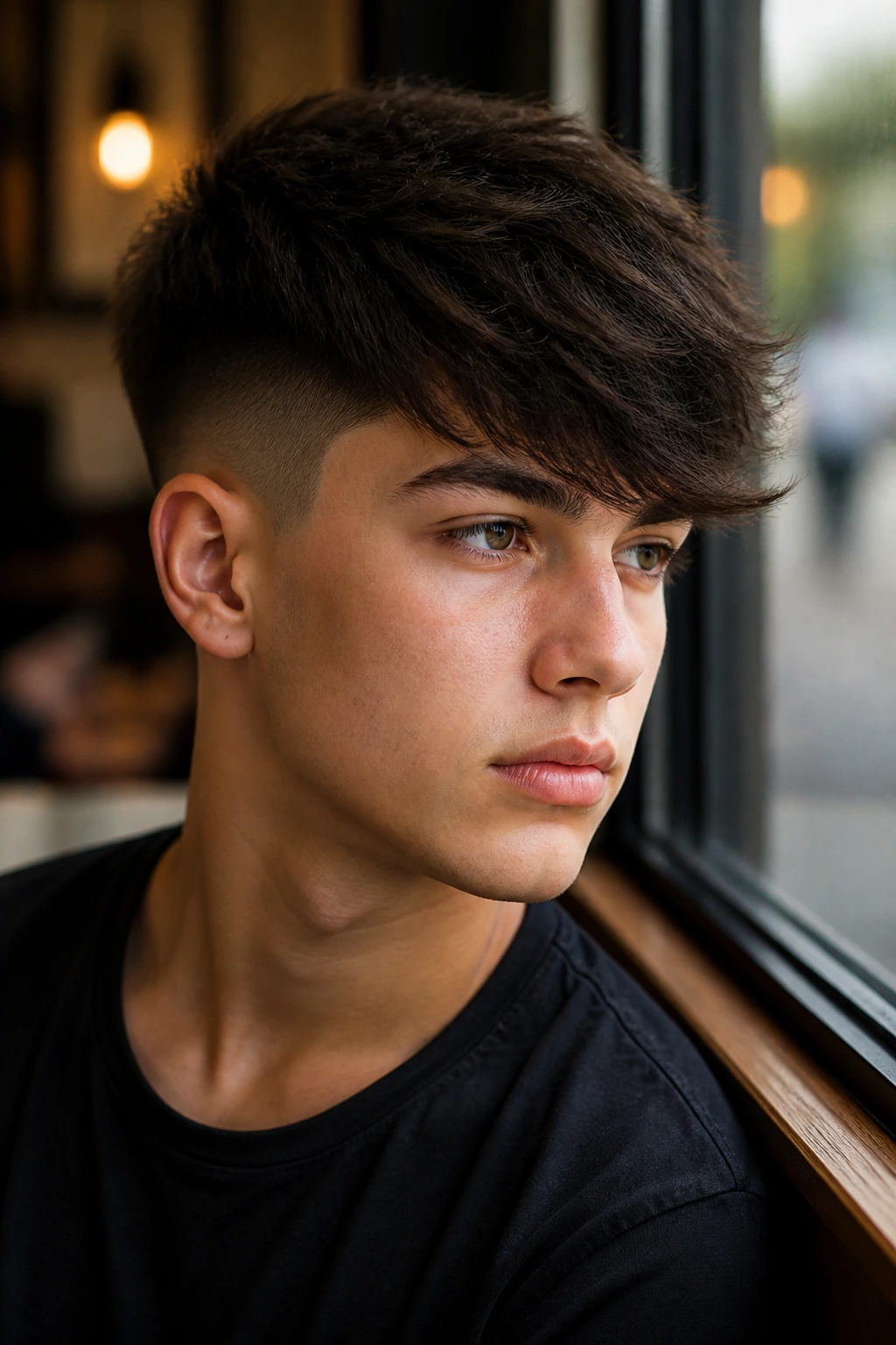 Boy with long fringe and taper fade in a cafe setting