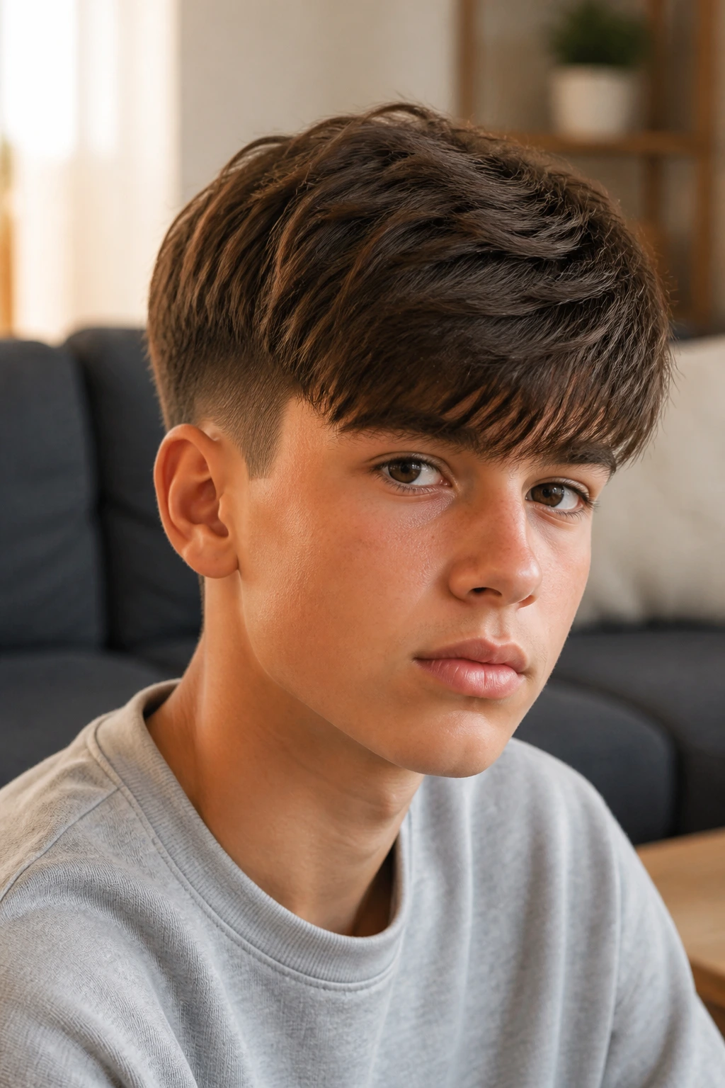 Boy with long fringe and tapered sides in warm daylight