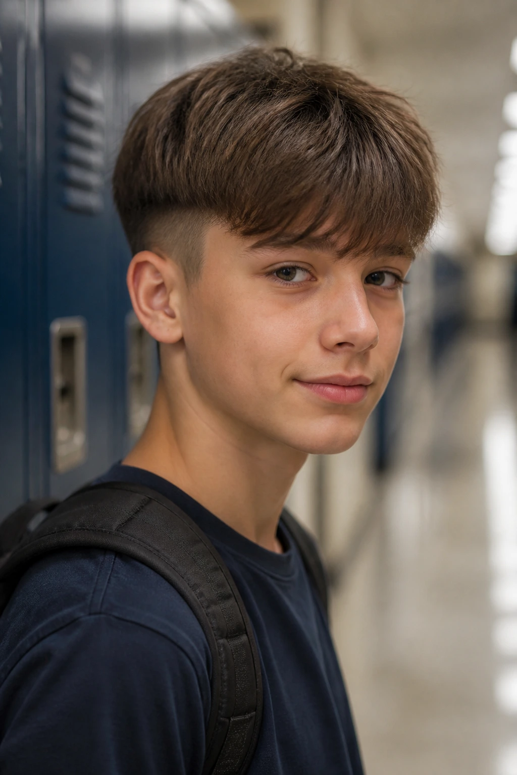 Portrait of boy with long fringe and tapered sides in school hallway