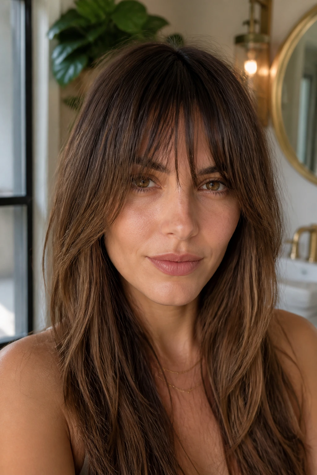 Close-up of a real woman with textured long fringe and no heavy line