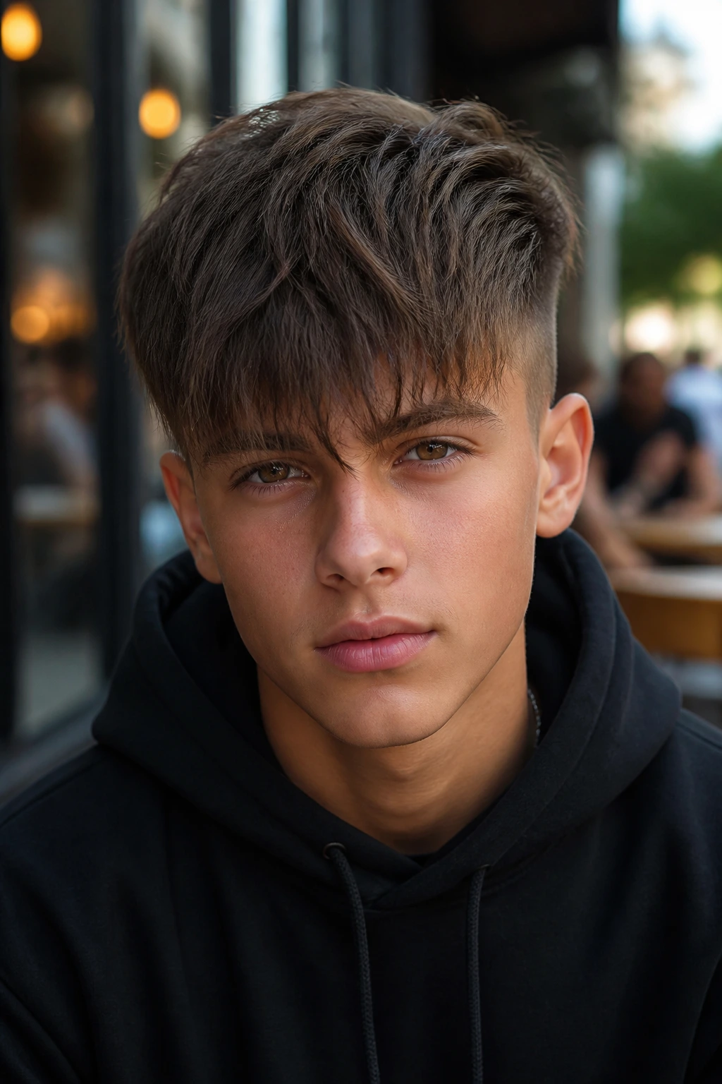 Close-up portrait of a real boy with long fringe undercut in daylight