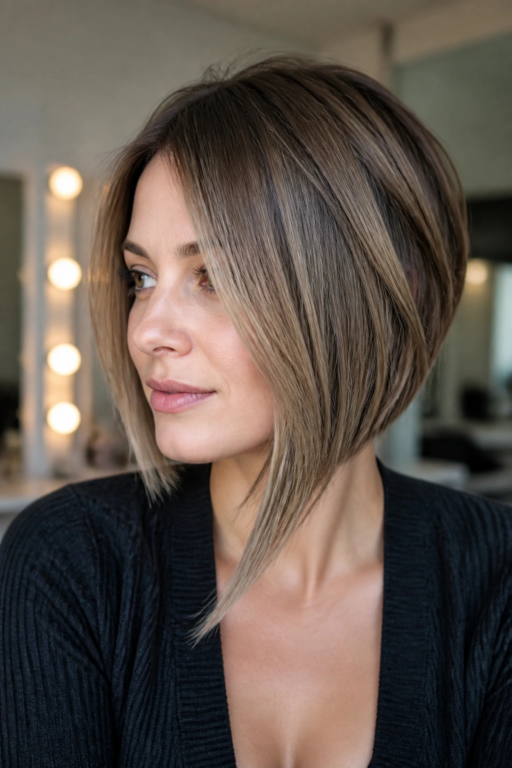 Close-up of a woman showing a long diagonal front angle that softens a square face