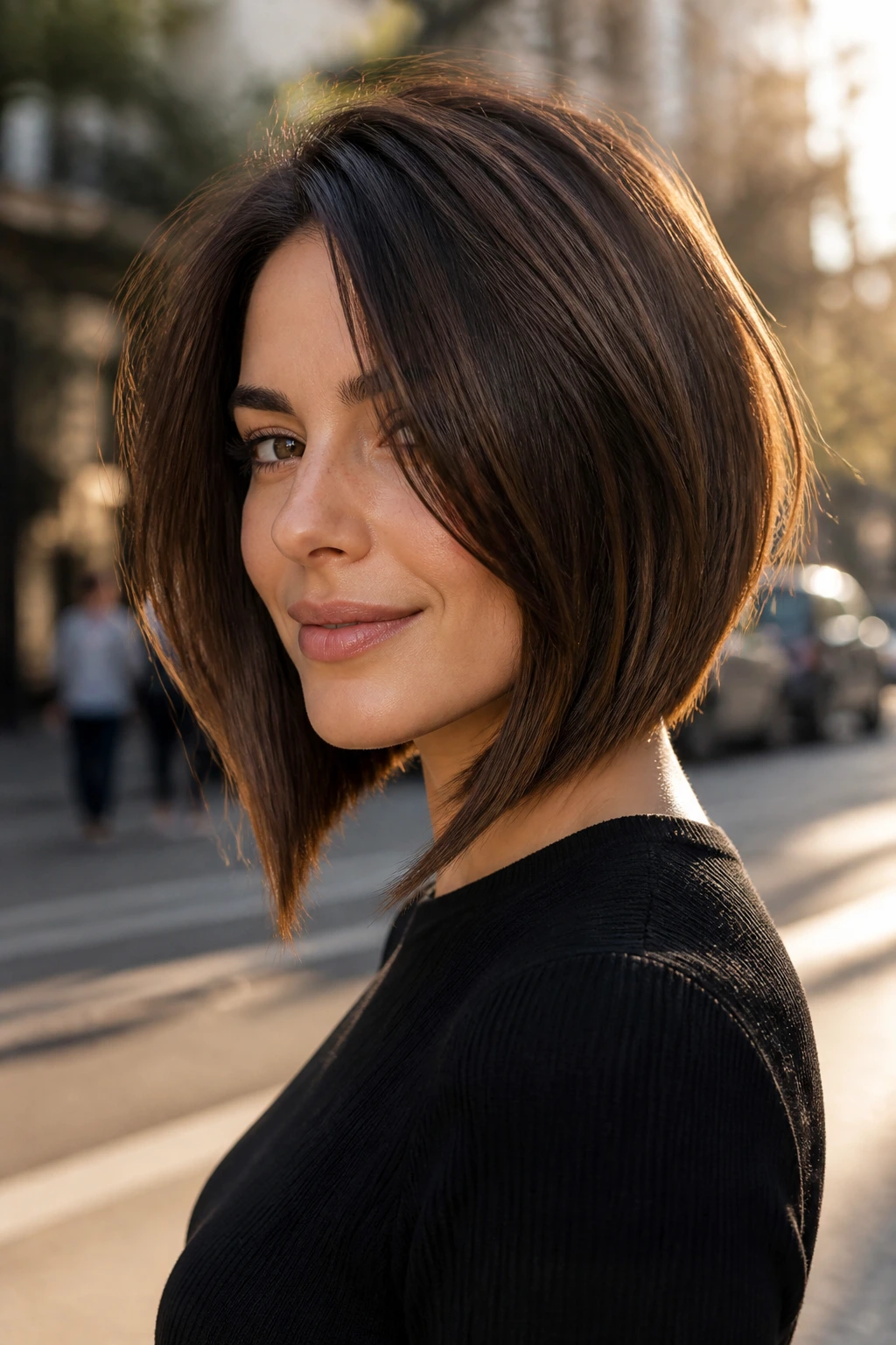 Real person with long-front angled lob on an urban street at golden hour