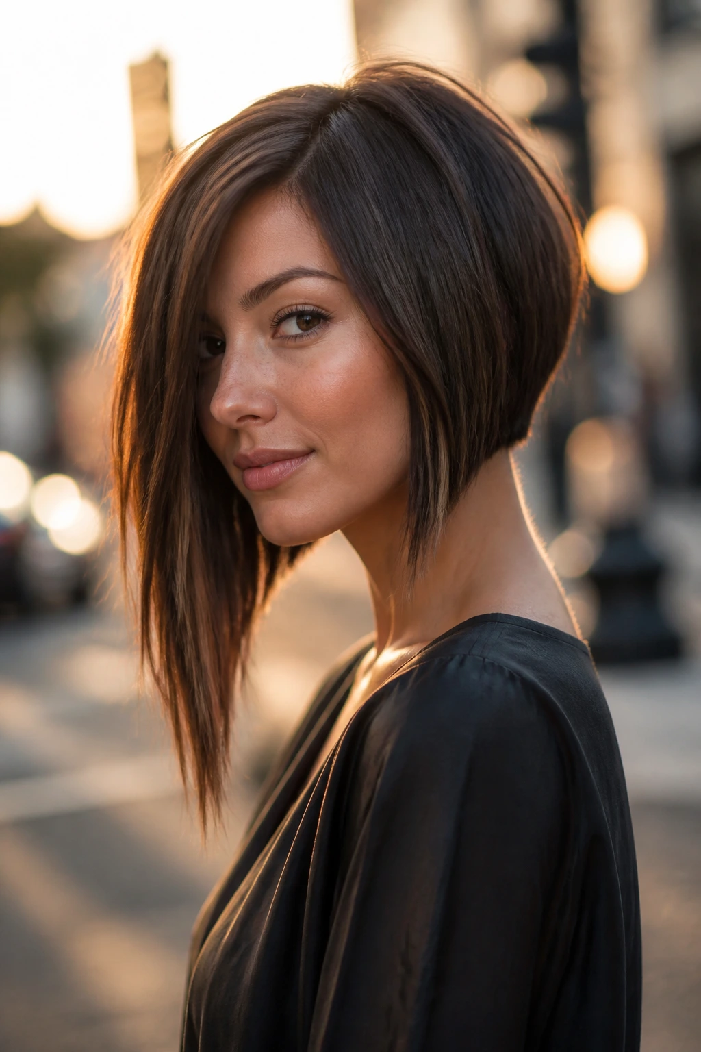 Real woman with long front bob showing deep angle