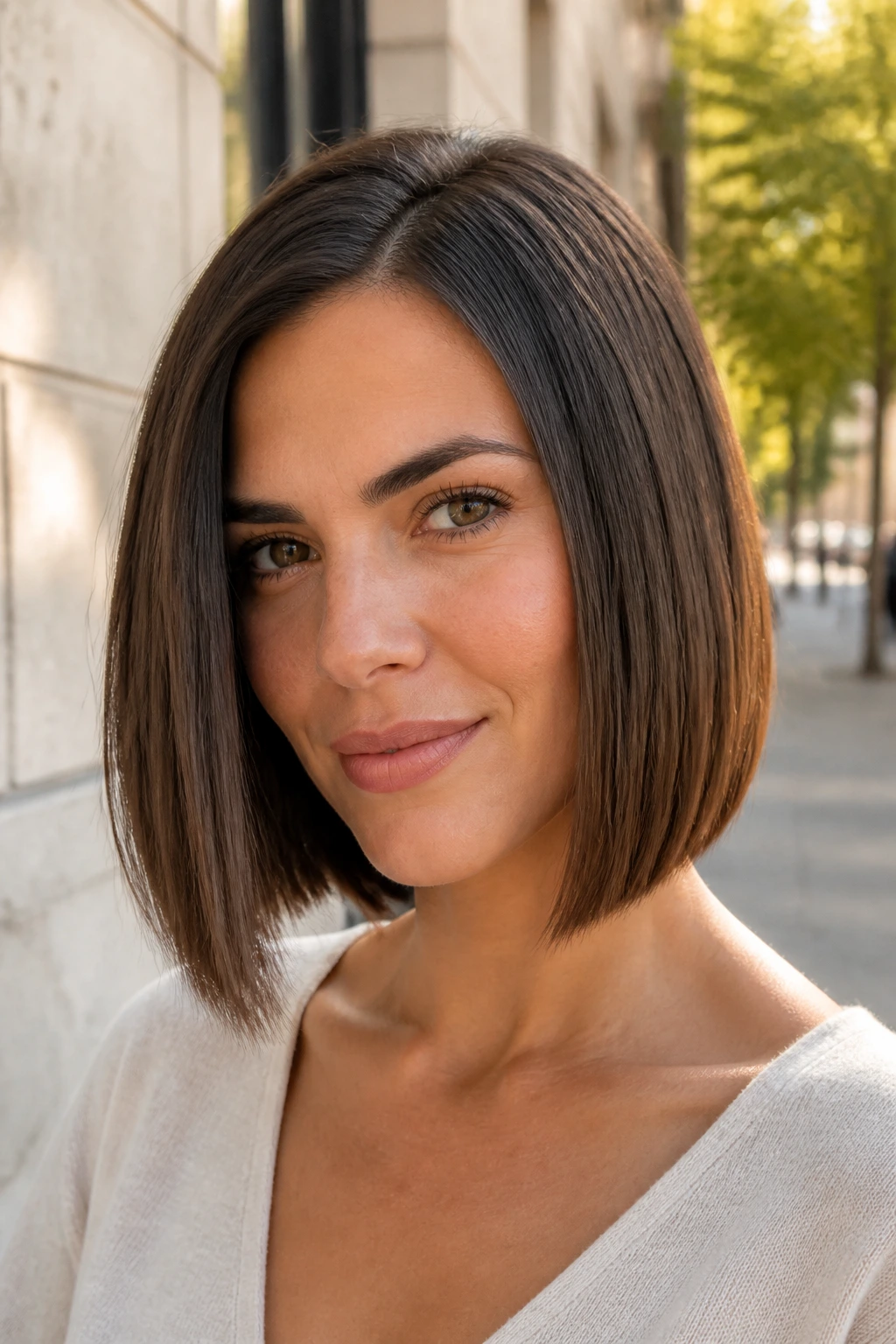 Close-up portrait of a real woman with a long-front bob grazing the jaw.