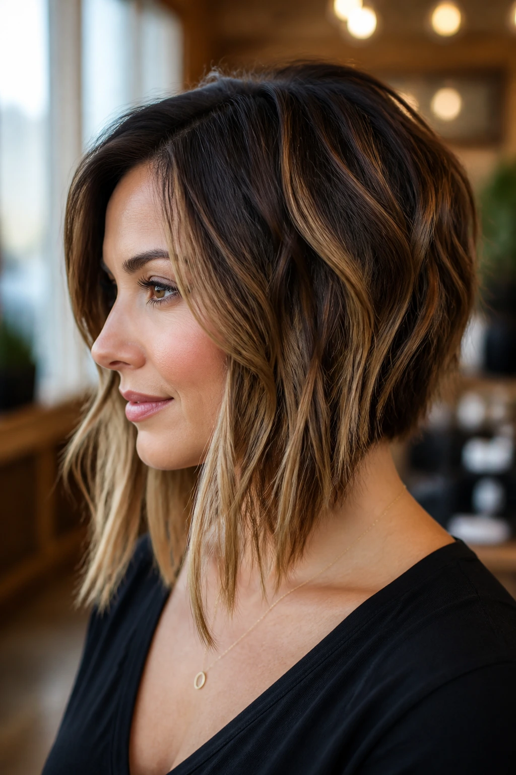 Close-up of real woman with long-front inverted bob and soft caramel highlights