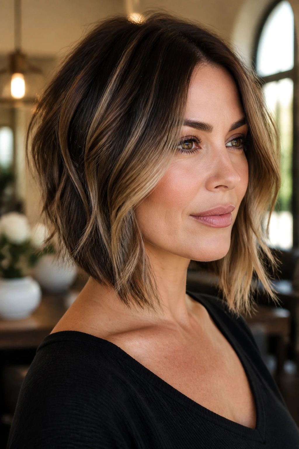 Portrait of a real woman wearing a long-front inverted bob with shadow lowlights.