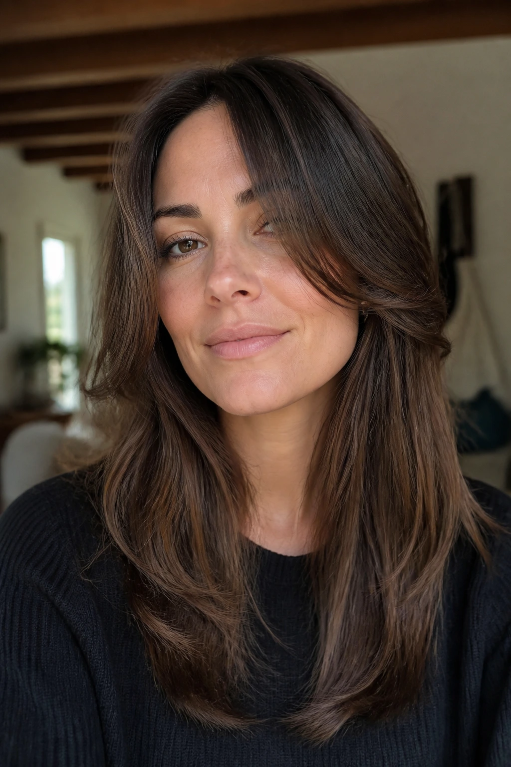 Real woman with long front layers framing the face in warm light