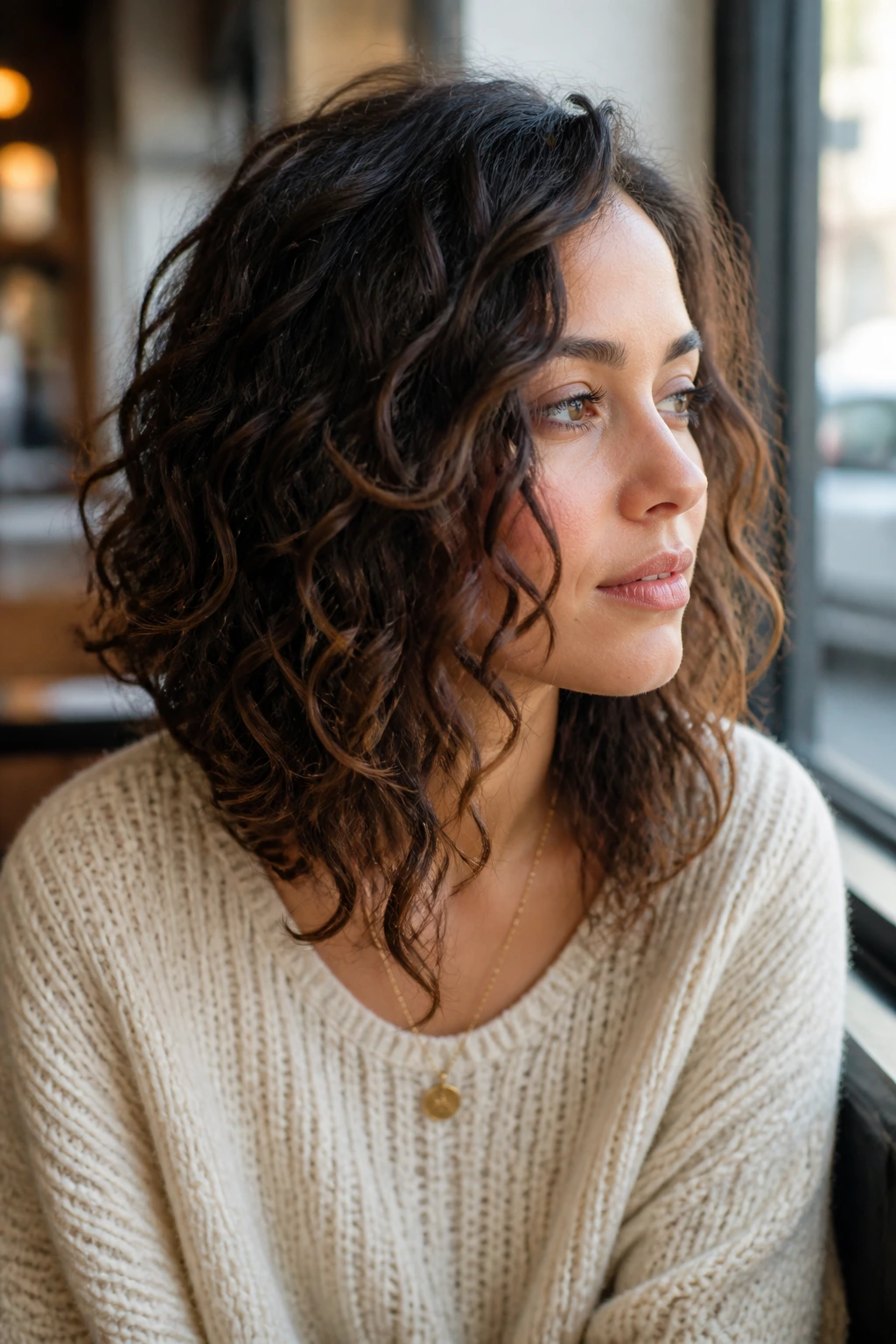 Close-up of a real woman with a long front, short back lob showing the forward-moving shape.
