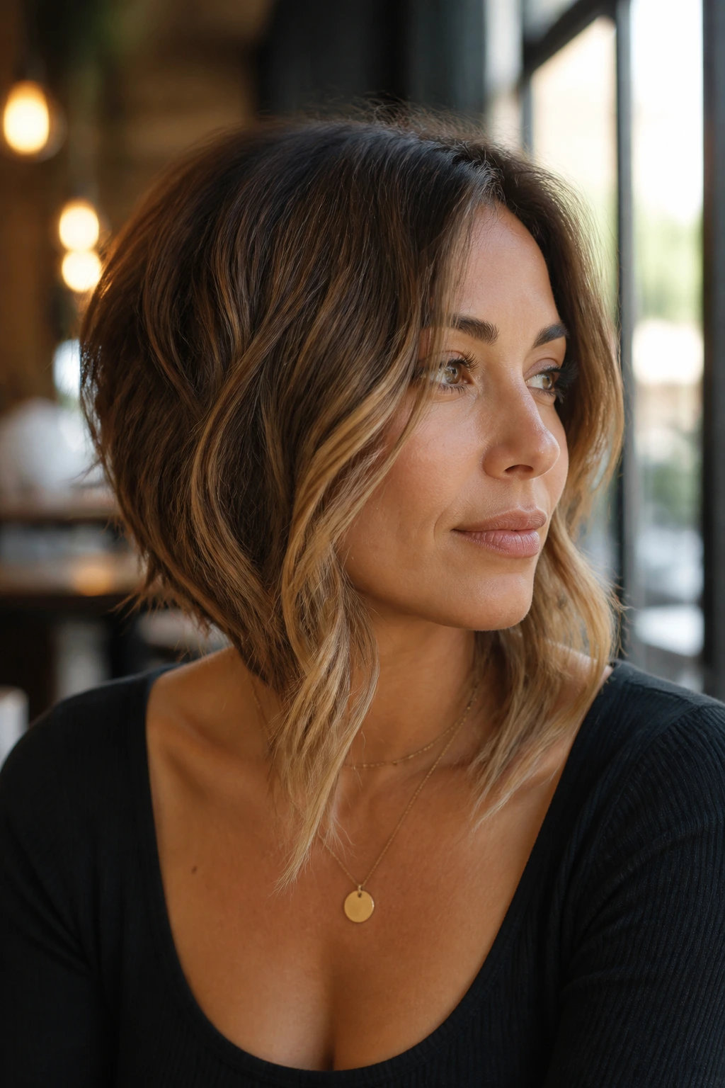 Close-up portrait of a woman with a long front stacked bob and soft waves, collarbone-length front, cafe window light
