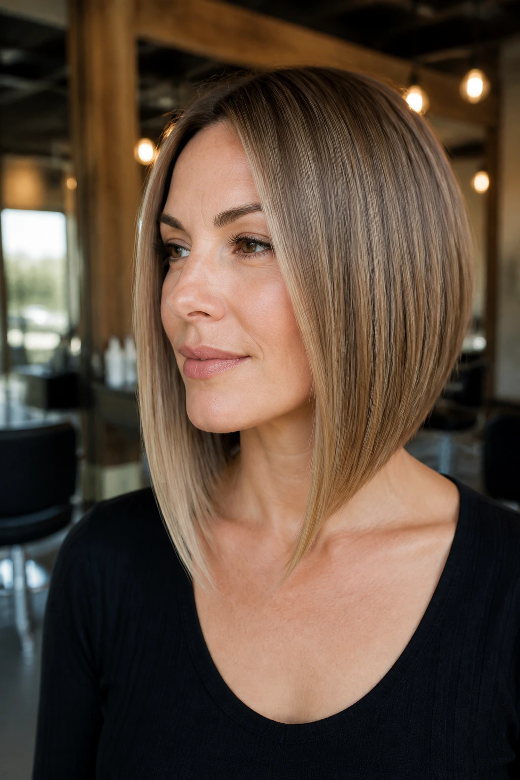 Close-up portrait of woman with long-front tapered bob in a salon setting