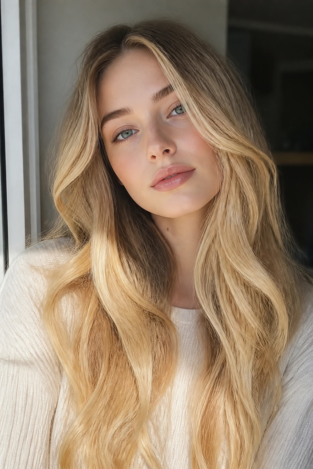 Portrait of a woman with long cool-toned golden-blonde hair and soft makeup