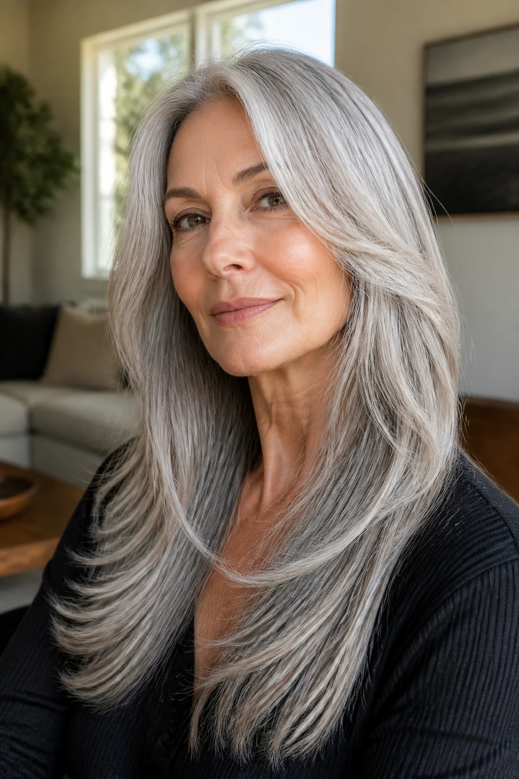 Close-up of a real woman with long gray hair showing subtle micro-layers around the cheeks