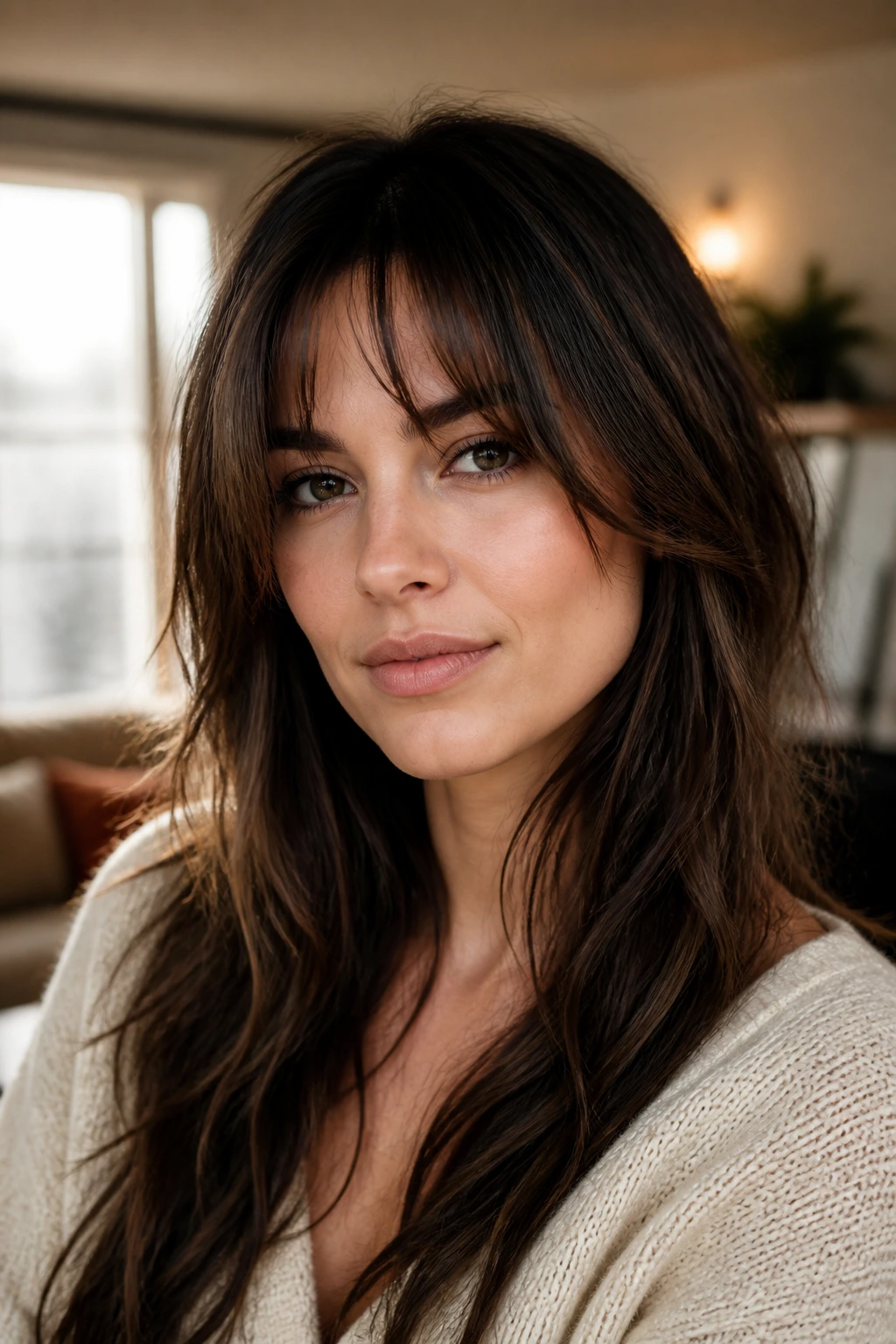 Real person with long grown-out fringe blending into cheekbone layers