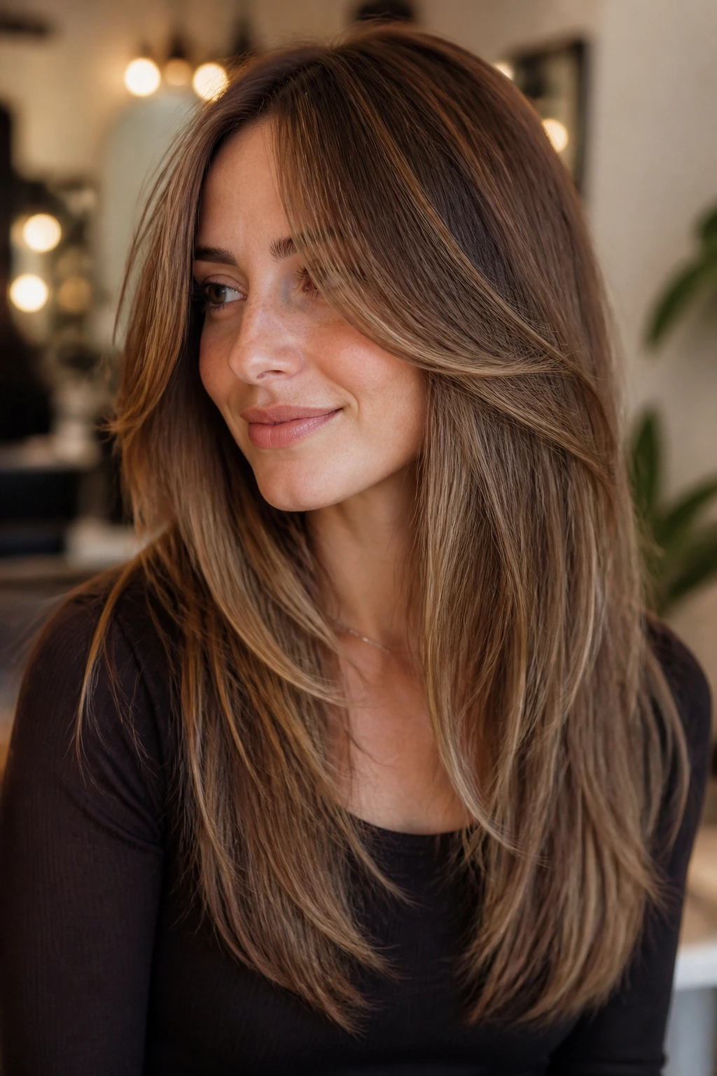 Close-up of real person with long hair featuring angled layers around the face