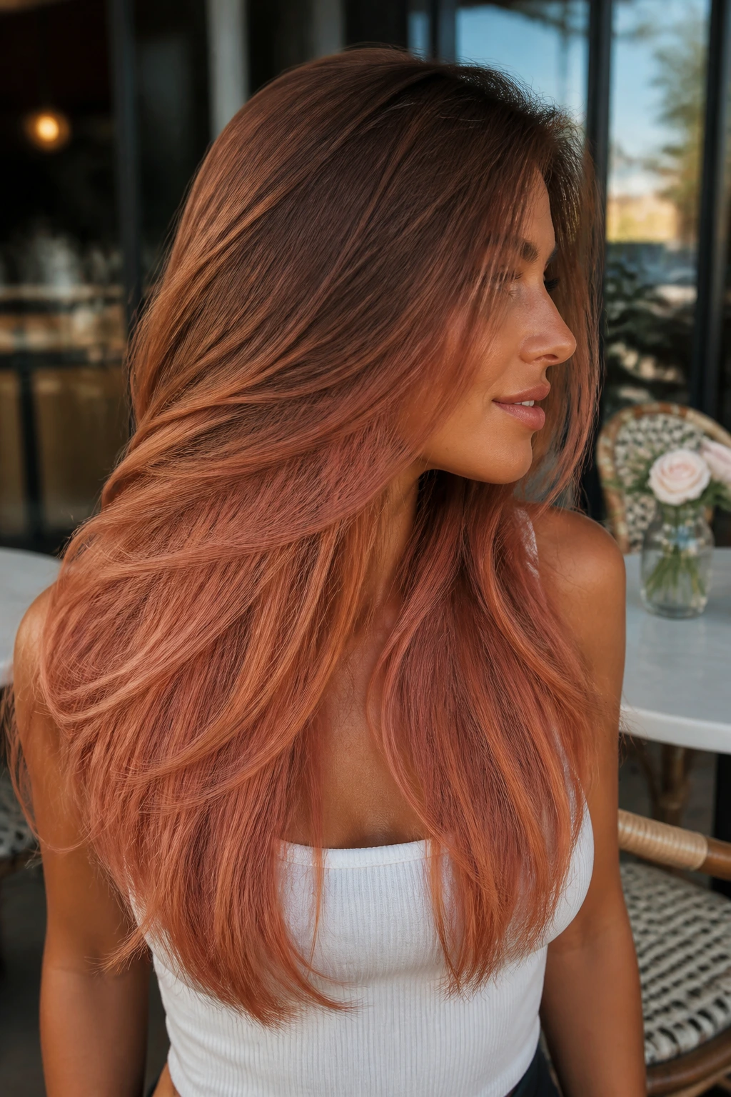Profile portrait of a real woman with long V-cut auburn-strawberry hair and deep color on tan skin