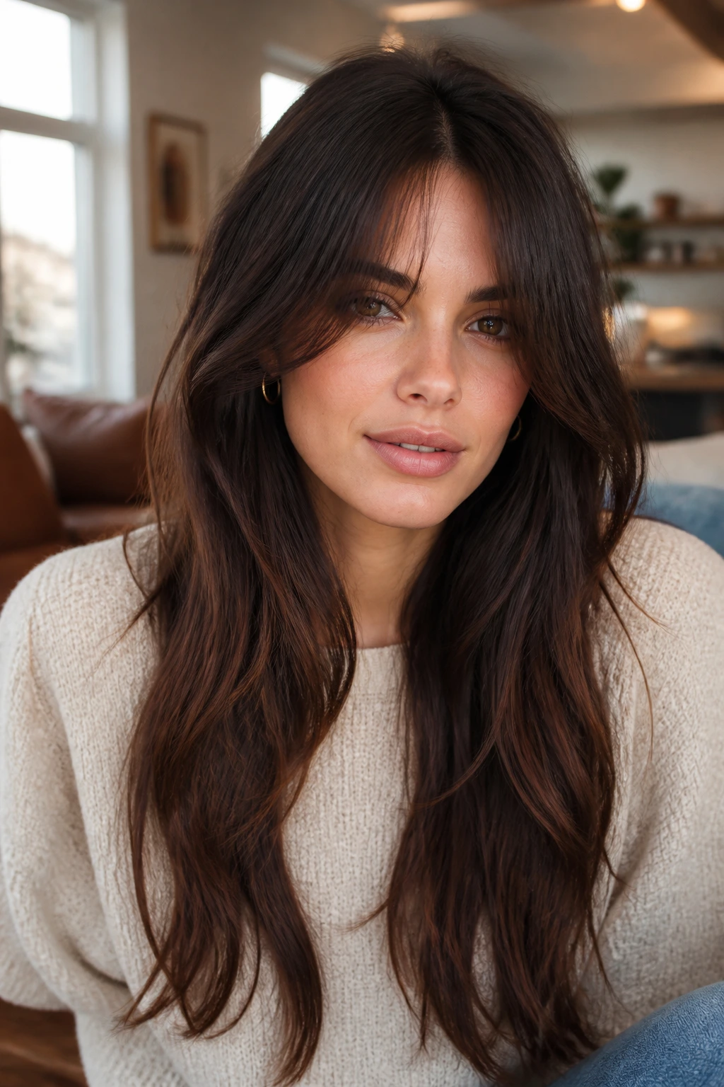 Real person with long hair and front bangs in a daily-life setting