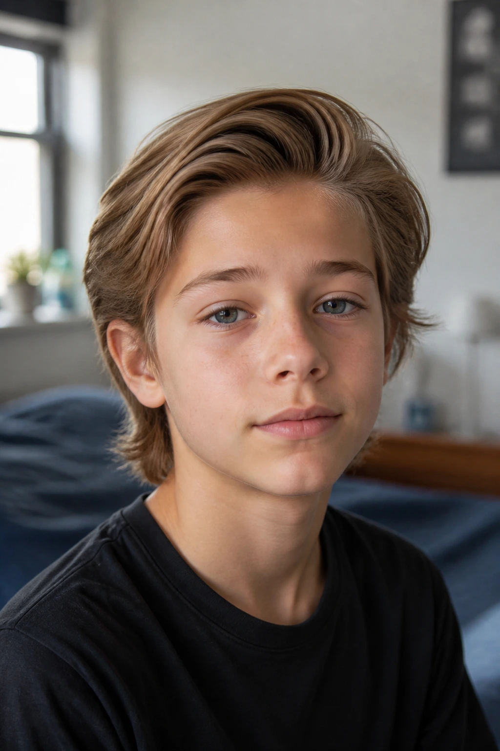 Portrait of a boy with long fine hair styled for busy mornings