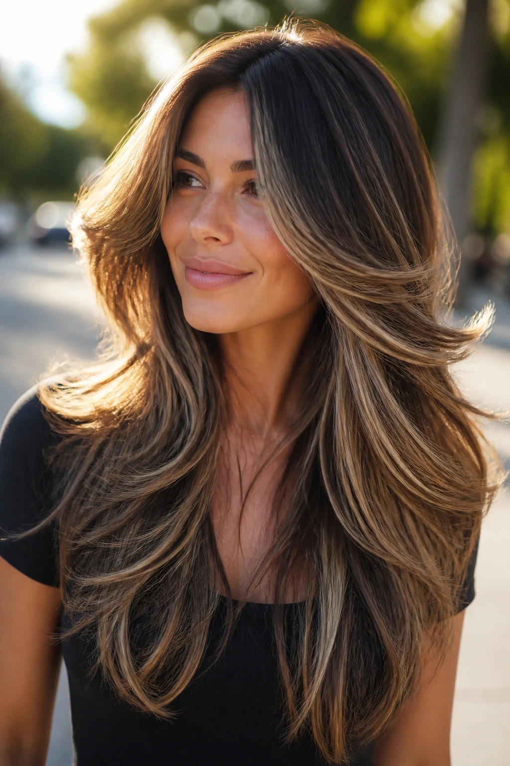 Portrait of a woman with long butterfly layers and babylights